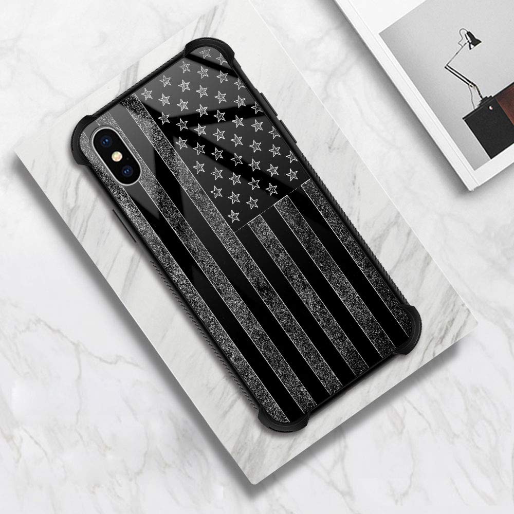 American Flag iPhone Xs Max Case - Black & White Tempered Glass Back with Soft Silicone TPU Shock Protection | Durable Phone Cover for Everyday Use, Travel & Outdoor Activities