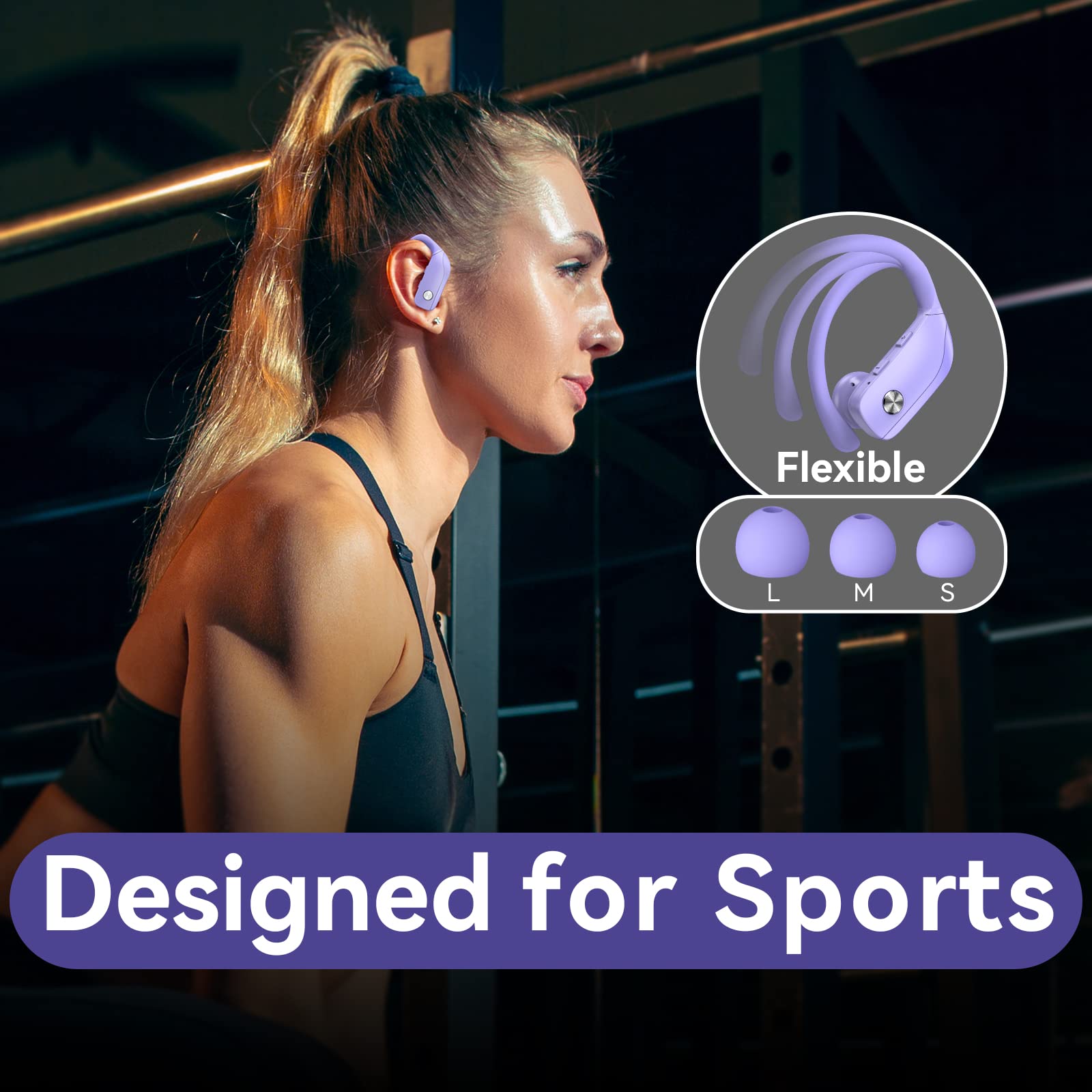 Bmani Wireless Bluetooth Earbuds - 48H Playback, LED Display, Built-in Mic, Over-Ear Sport Headphones with Earhooks for Running, Gym & Workout (Purple) - Perfect for Fitness, Commuting & Outdoor Activities