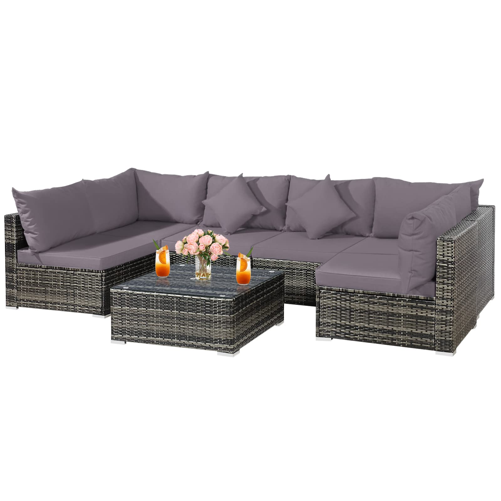 RELAX4LIFE 7-Piece Outdoor Patio Furniture Set - PE Rattan Wicker Conversation Set with Cushions & Glass Coffee Table - Durable Garden, Lawn, Balcony, Poolside Sofa Set - Perfect for Front Porch, Backyard & Outdoor Entertaining (Grey)