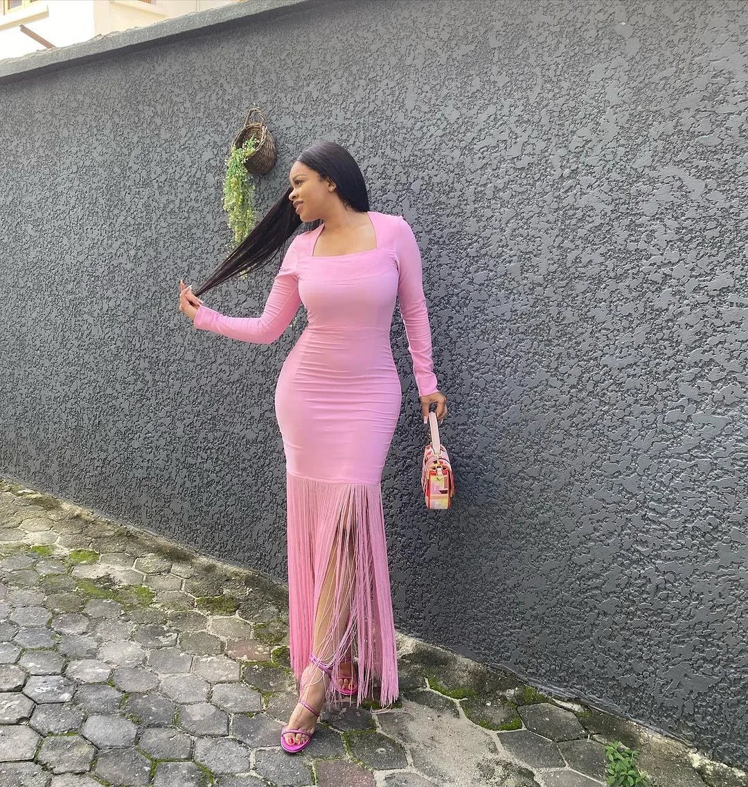 Sexy Black Rose Red Pink Women's Long Sleeve Square Neck Tassel Bodycon Bandage Dress for Nightclub, Party & Celebration - Perfect for Clubbing, Date Nights & Special Occasions