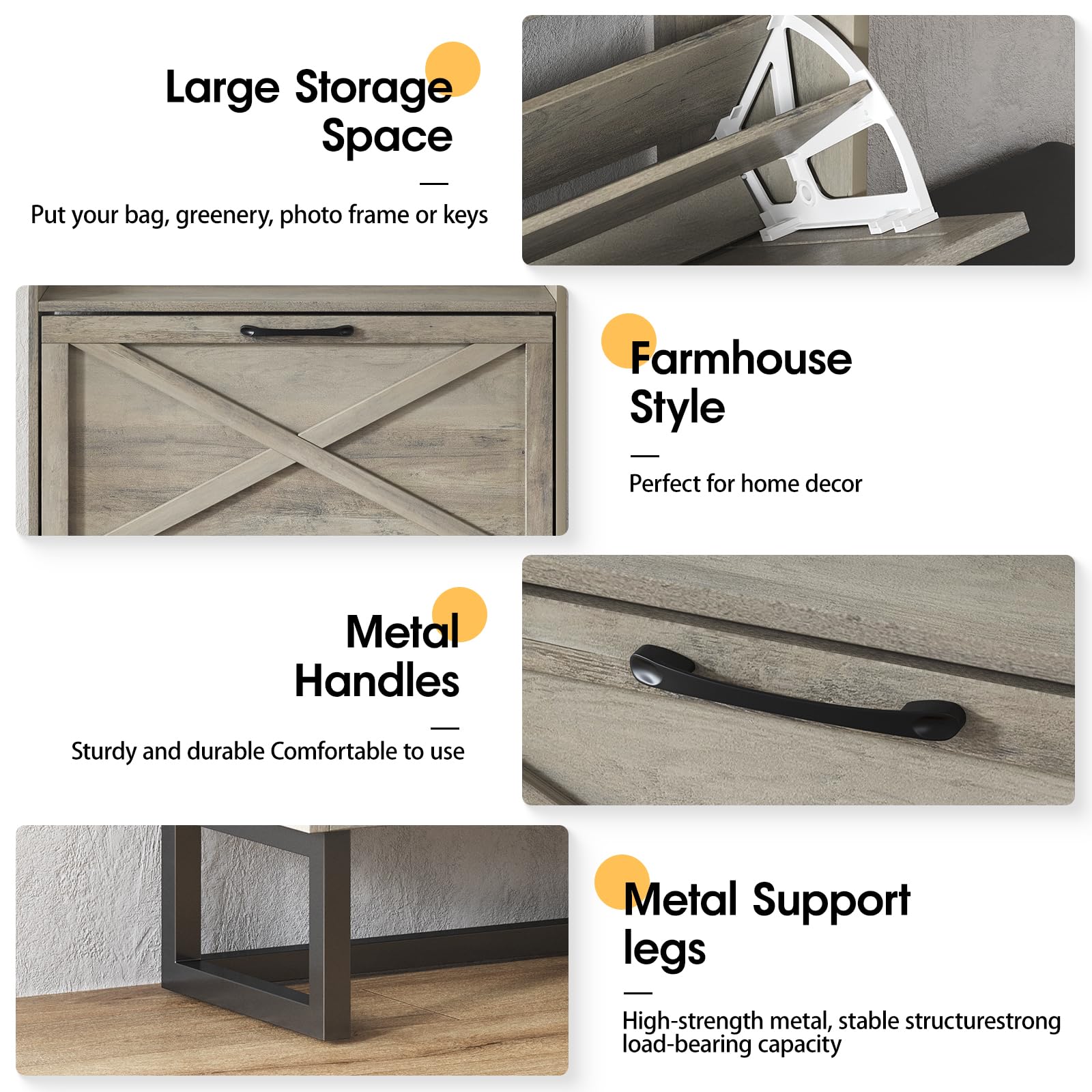 Maupvit 3-Tier Flip Drawer Shoe Storage Cabinet - Freestanding Farmhouse Organizer with Bench Seat & Cushion, Slim Narrow Shoe Rack with Metal Legs for Entryway, Hallway or Bedroom - Grey