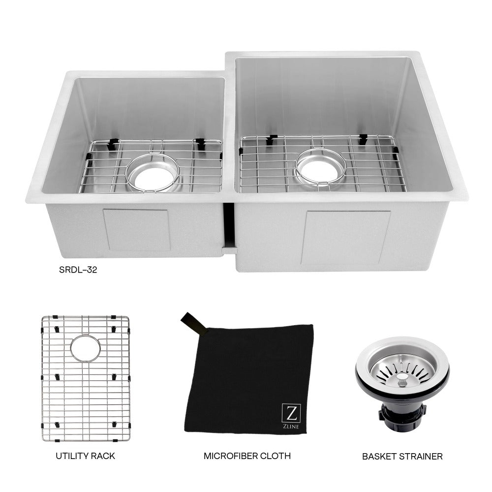 ZLINE Jackson 32-Inch Undermount Double Bowl Stainless Steel Kitchen Sink with Bottom Grid (SRDL 32) - Perfect for Modern Kitchens & Heavy-Duty Cooking