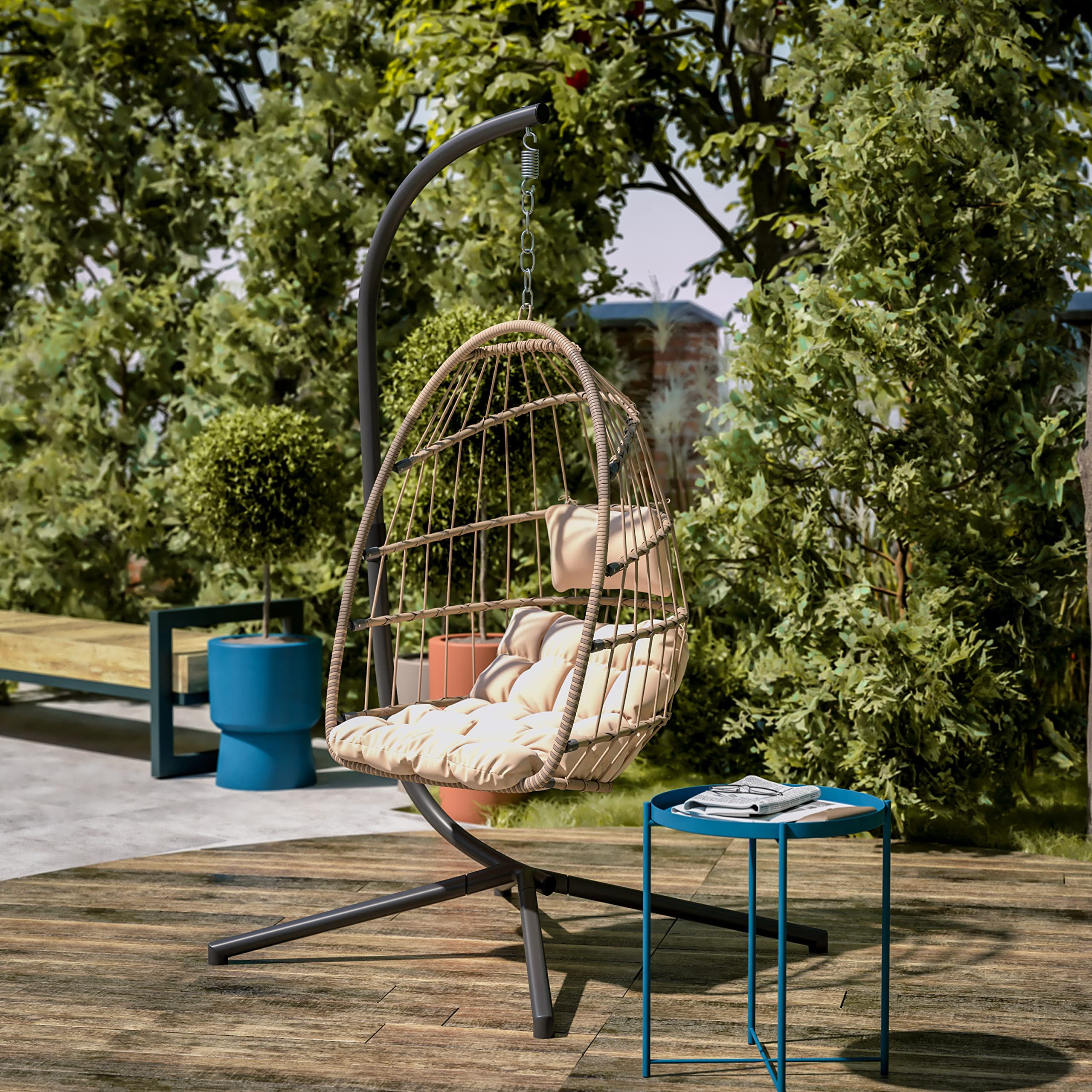 EMMA + OLIVER Awen Hanging Egg Chair with Stand - Natural Woven Polyethylene Rattan, Black Steel Frame & Removable Cream Cushions - Foldable Outdoor Swing Chair for Patio, Garden, Backyard Relaxation