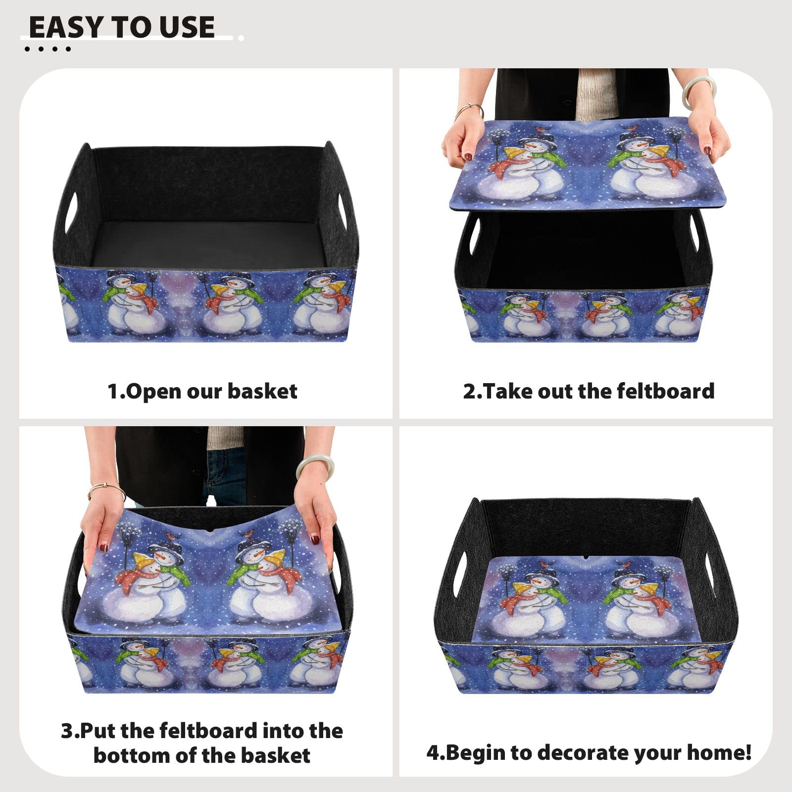 Mr. & Mrs. Snowman Watercolor Desk Organizer Tray - Blue Rectangular Felt Storage Plate for Jewelry, Vanity & Counter Organization | Foldable Detachable Valet Tray for Home, Office & Gift Giving
