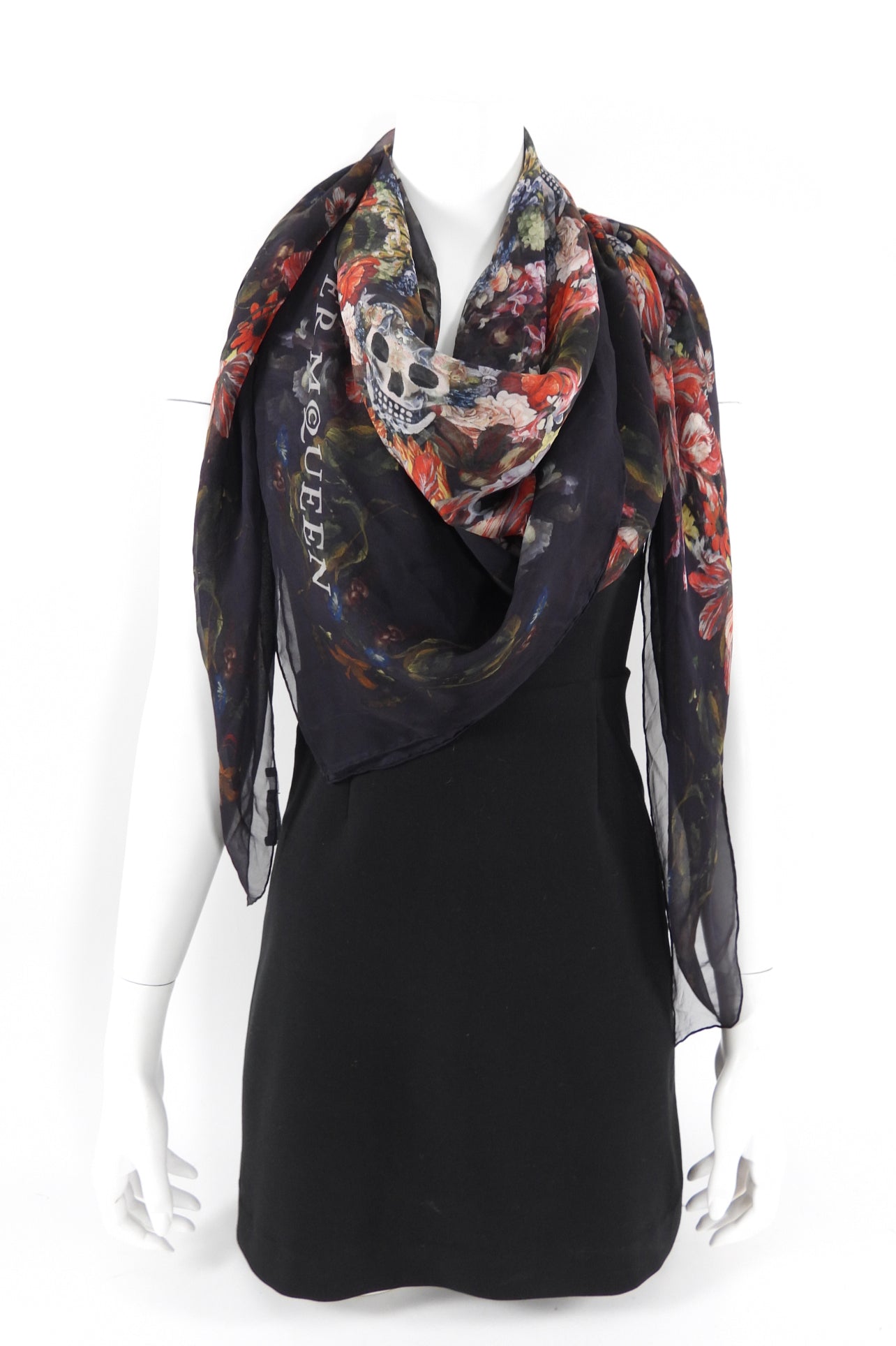 Alexander McQueen Red Skull Floral Tulip Silk Chiffon Shawl Scarf - Luxury Fashion Accessory for Women, Perfect for Evening Parties, Weddings & Special Occasions