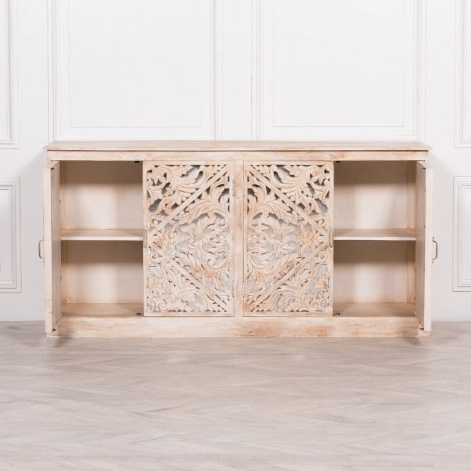 Hand Carved Solid Wooden Indian Buffet Cabinet - Traditional Handmade Wood Sideboard for Dining Room & Living Room Storage | Perfect for Home Decor, Entertaining & Displaying Fine China