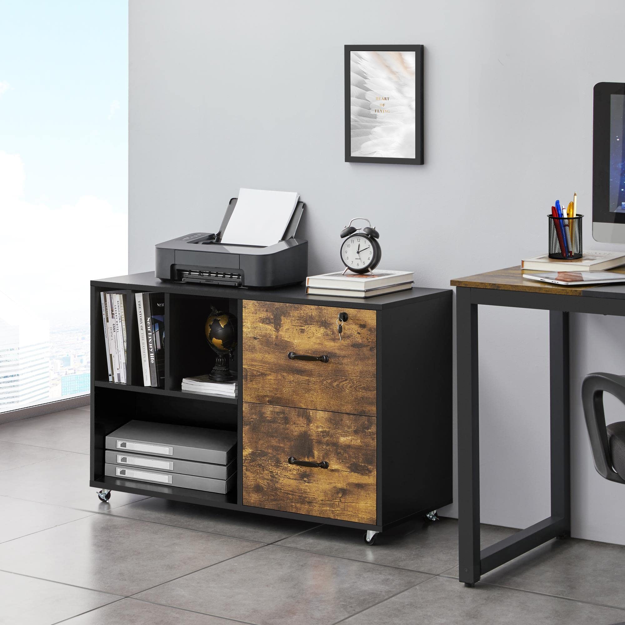 Yaheetech 4-Shelf Rolling File Cabinet with Wheels - Letter & A4 Size Home Office Storage, Black/Rustic Brown - Perfect for Organizing Documents, Printer Stand, and Office Supplies