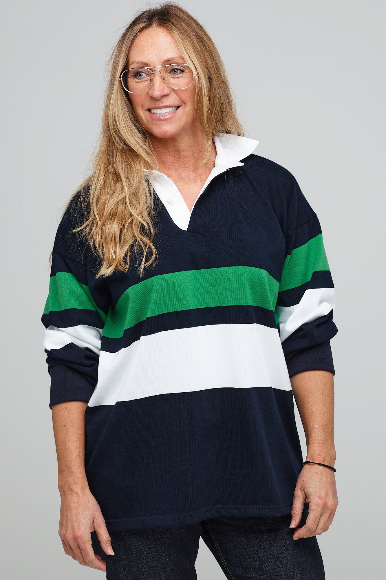 Men's Striped Rugby Shirt - Classic Navy, Ecru & Bottle Green Colors | Vintage-Inspired Collared Pullover for Casual Wear, Sports & Outdoor Activities