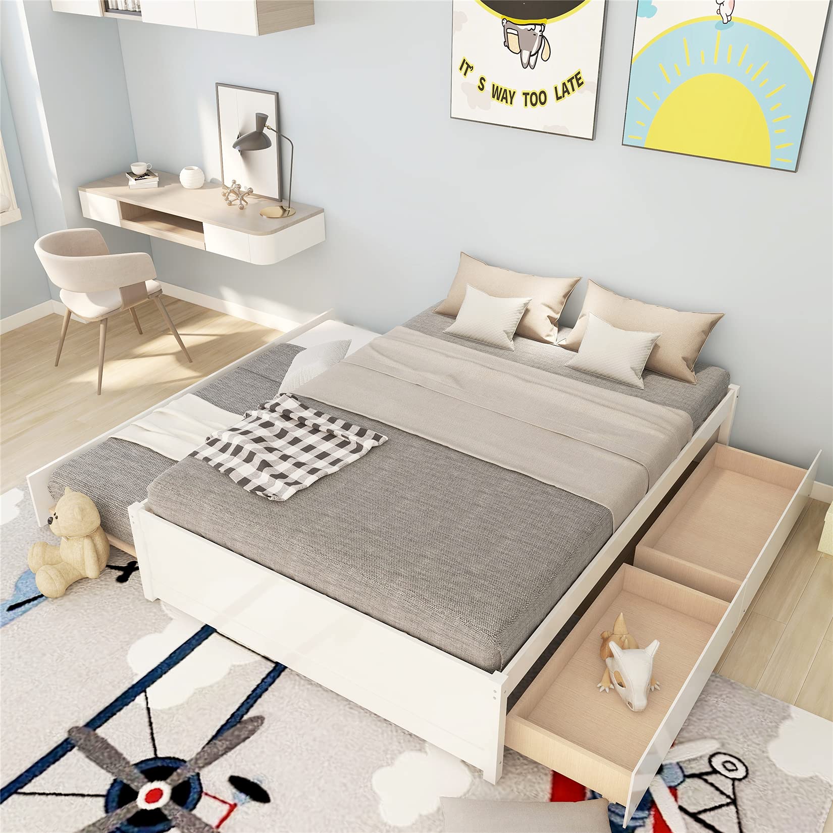 Harper & Bright Designs Full Size Wood Platform Bed Frame with Trundle and Storage Drawers - Space-Saving Captain Bed for Kids, Teens & Adults - Perfect for Small Bedrooms, Guest Rooms & Dormitories - White