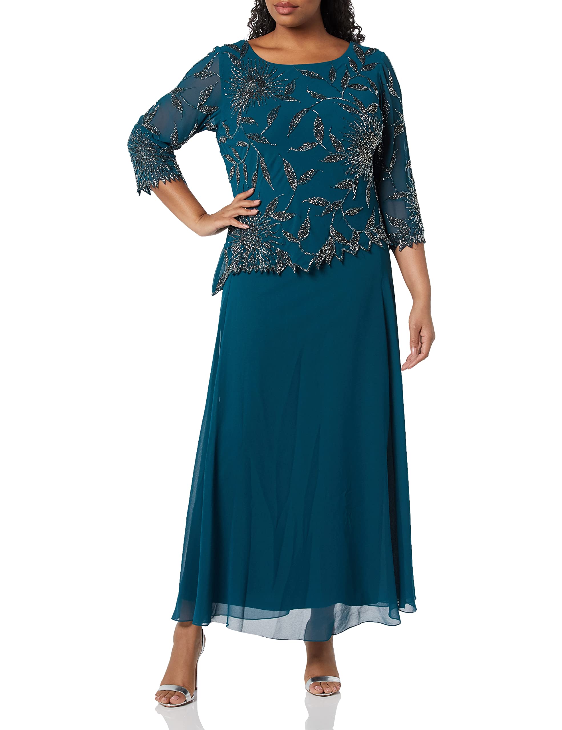 J Kara Women's Plus Size Beaded Scoop Neck 3/4 Sleeve Long Dress - Elegant Evening Wear for Parties & Special Occasions
