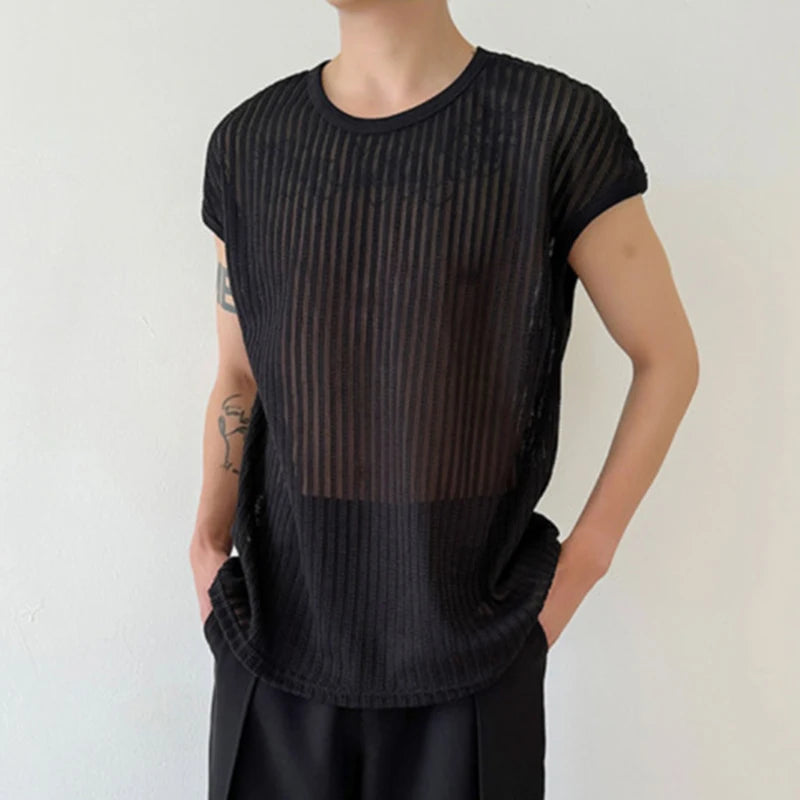 Korean Trendy Hollowed Out Knitted Vest for Men - Breathable Sleeveless Summer Top (Style 9C5941) | Perfect for Beach Outings, Music Festivals & Casual Streetwear