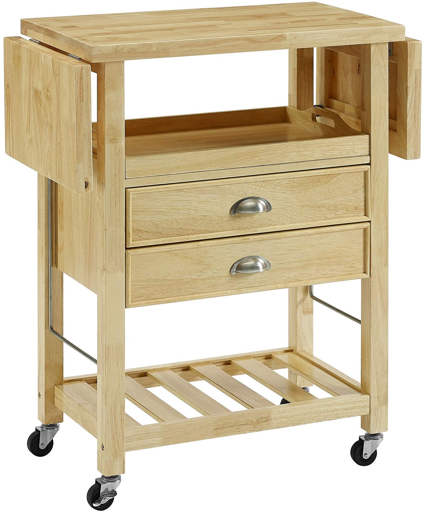 Crosley Bristol Drop Leaf Rolling Kitchen Cart with Serving Tray & Shelves - Microwave Stand, Storage Organizer for Small Spaces, Natural Wood - Perfect for Apartments, Dorms & Compact Kitchens