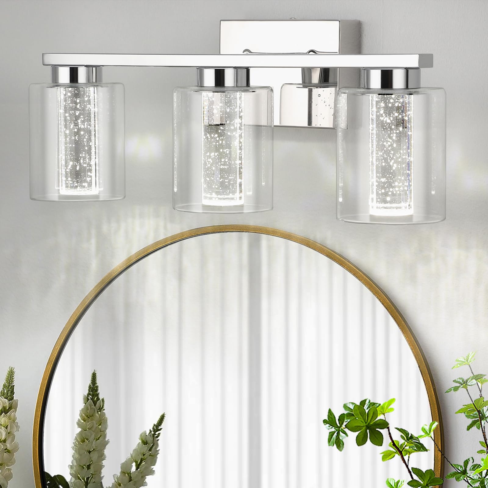 GARVEE 3-Light Dimmable Bathroom Vanity Light Fixture with Crystal Bubbles - Chrome Finish, 3 Color Temperature Options for Bathroom, Bedroom & Living Room - Perfect Over Mirror Lighting for Makeup & Grooming