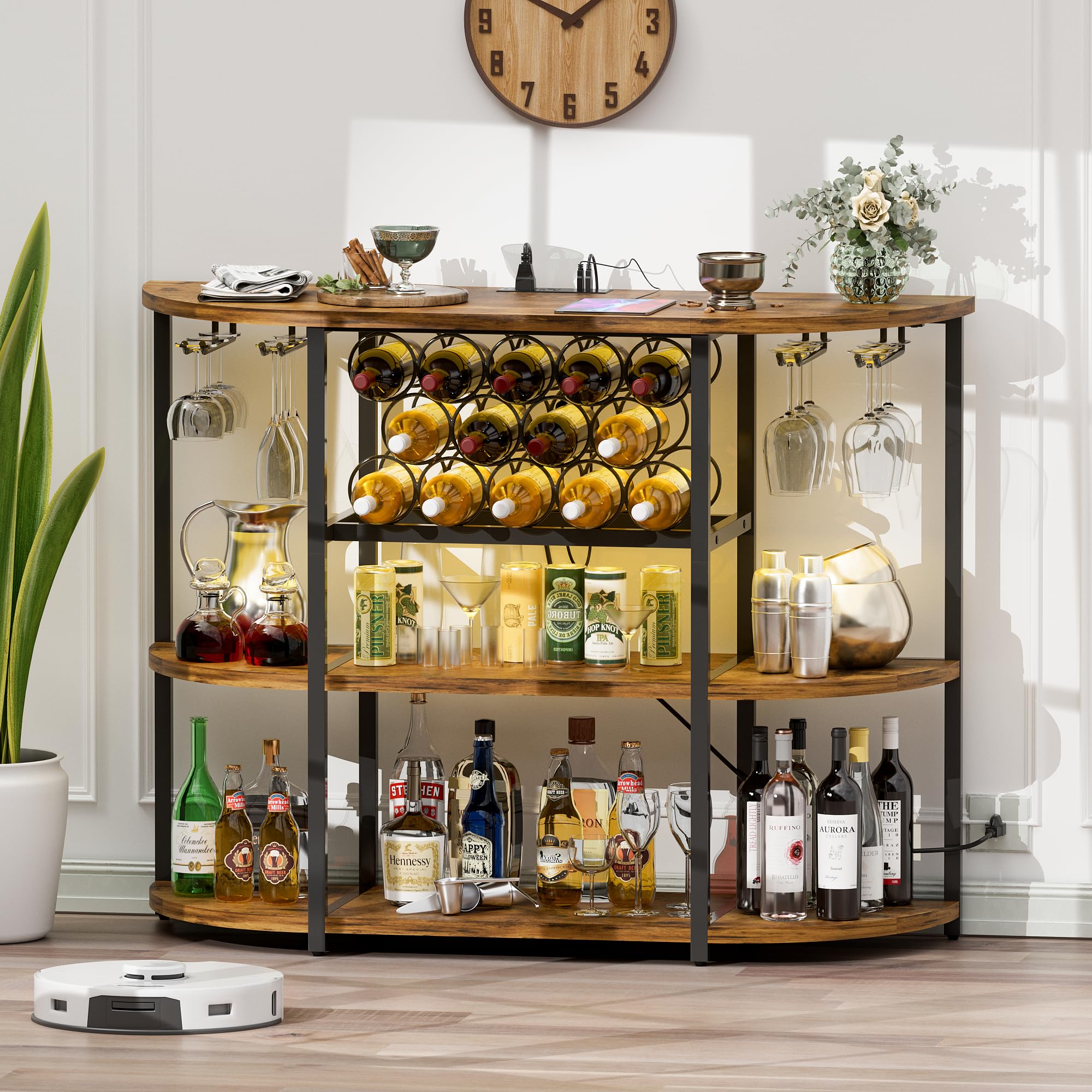 Furmax 4-Tier Freestanding Wine Bar Cabinet with LED Lights & Power Outlet - Modern Liquor Storage Cabinet with Glass Holder for Home Bar, Kitchen, Dining Room & Entertainment Spaces