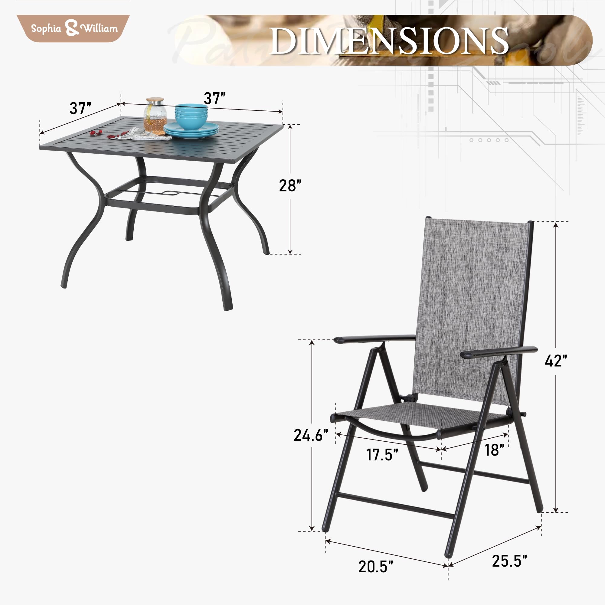 Sophia & William 5-Piece Outdoor Patio Dining Set - Foldable Textilene High-Back Chairs & Square Metal Table with Umbrella Hole - Grey - Perfect for Backyard, Garden, Poolside & BBQ Gatherings