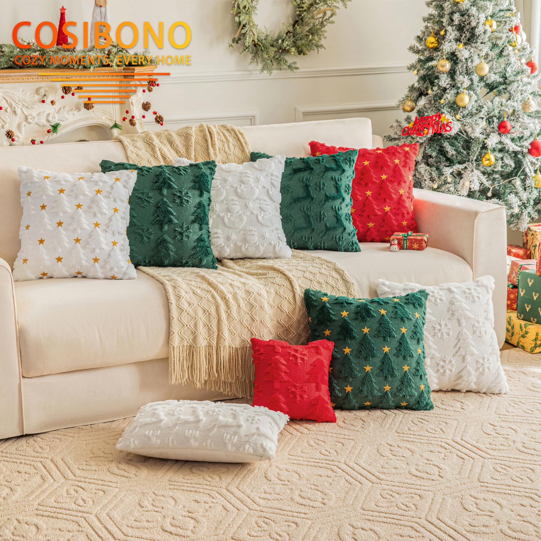 Snowflake Shaped Faux Fur Christmas Tree Pillow Covers 20x20 Inches - Set of 2 Soft Plush Throw Pillowcases for Couch, Sofa & Bed - Cozy Winter Holiday Decor for Farmhouse, Living Room & Christmas Party Decorations