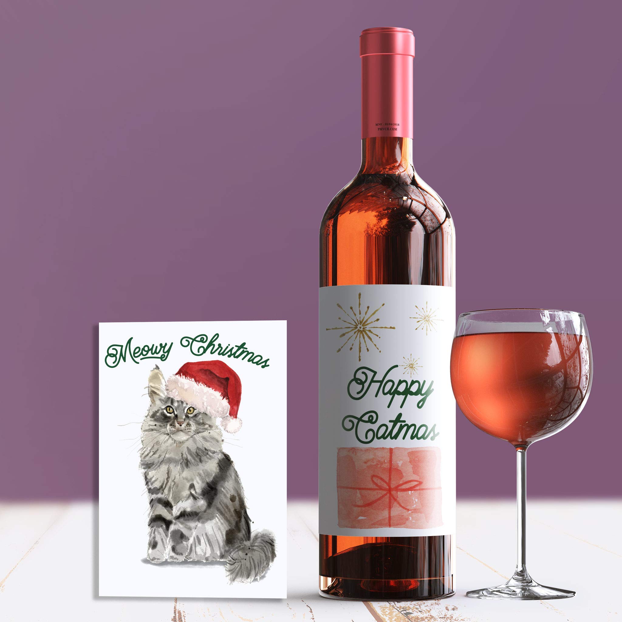 Funny Cat Christmas Card & Wine Label - Cat Lover Gift for Holiday Parties