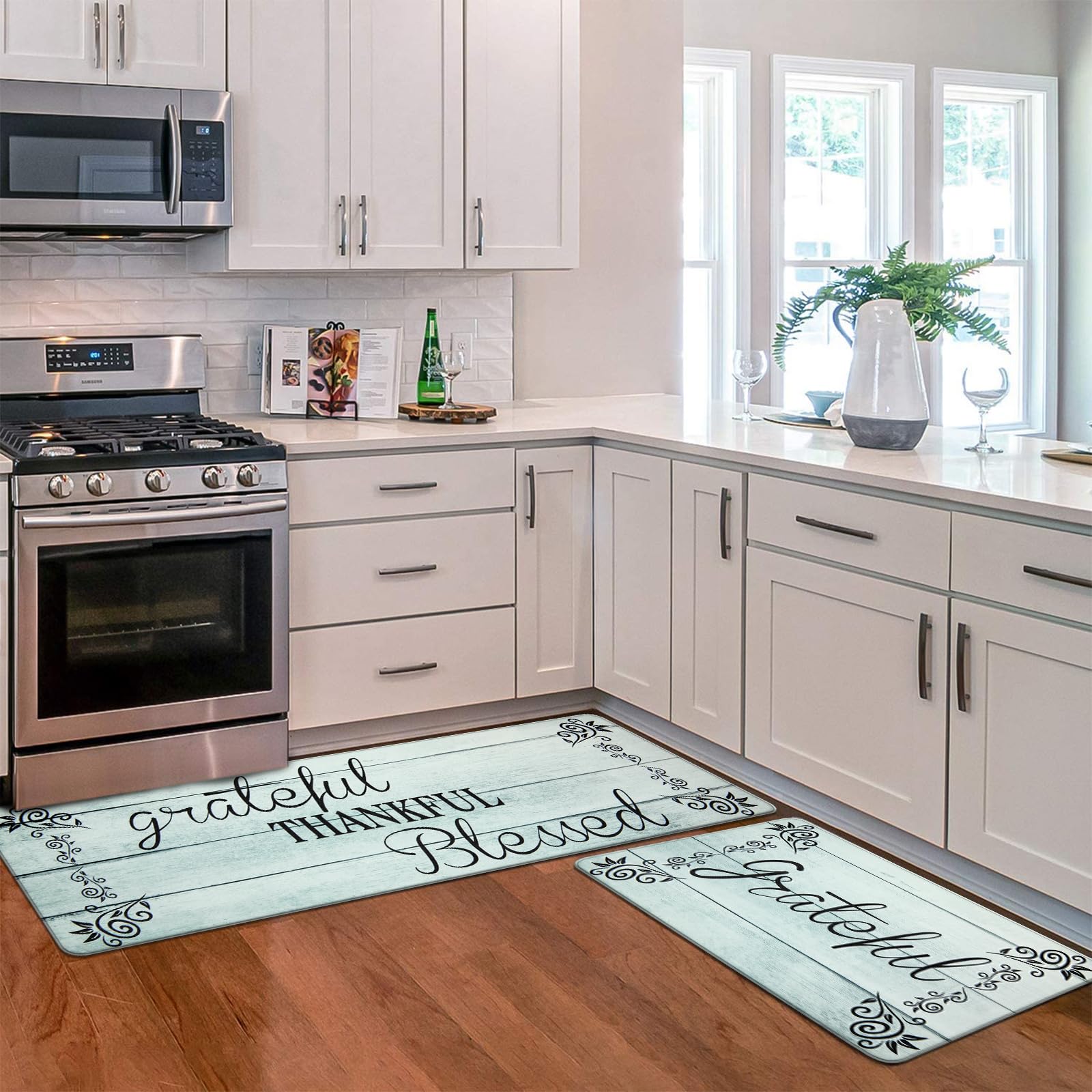 HEBE Anti-Fatigue Kitchen Mat Set of 2 - Non-Slip Cushioned Floor Mats, Waterproof Farmhouse Style Rug for Sink, Office & Laundry - Comfort Standing Mat for Desk, Cooking & Cleaning Areas