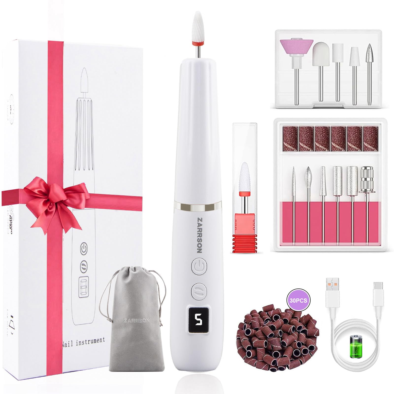 Professional Rechargeable Cordless Electric Nail Drill Kit - Acrylic Nail File & Buffer Set with Drill Bits & Sanding Bands | Perfect for Home Manicures & Salon Nail Art (White)