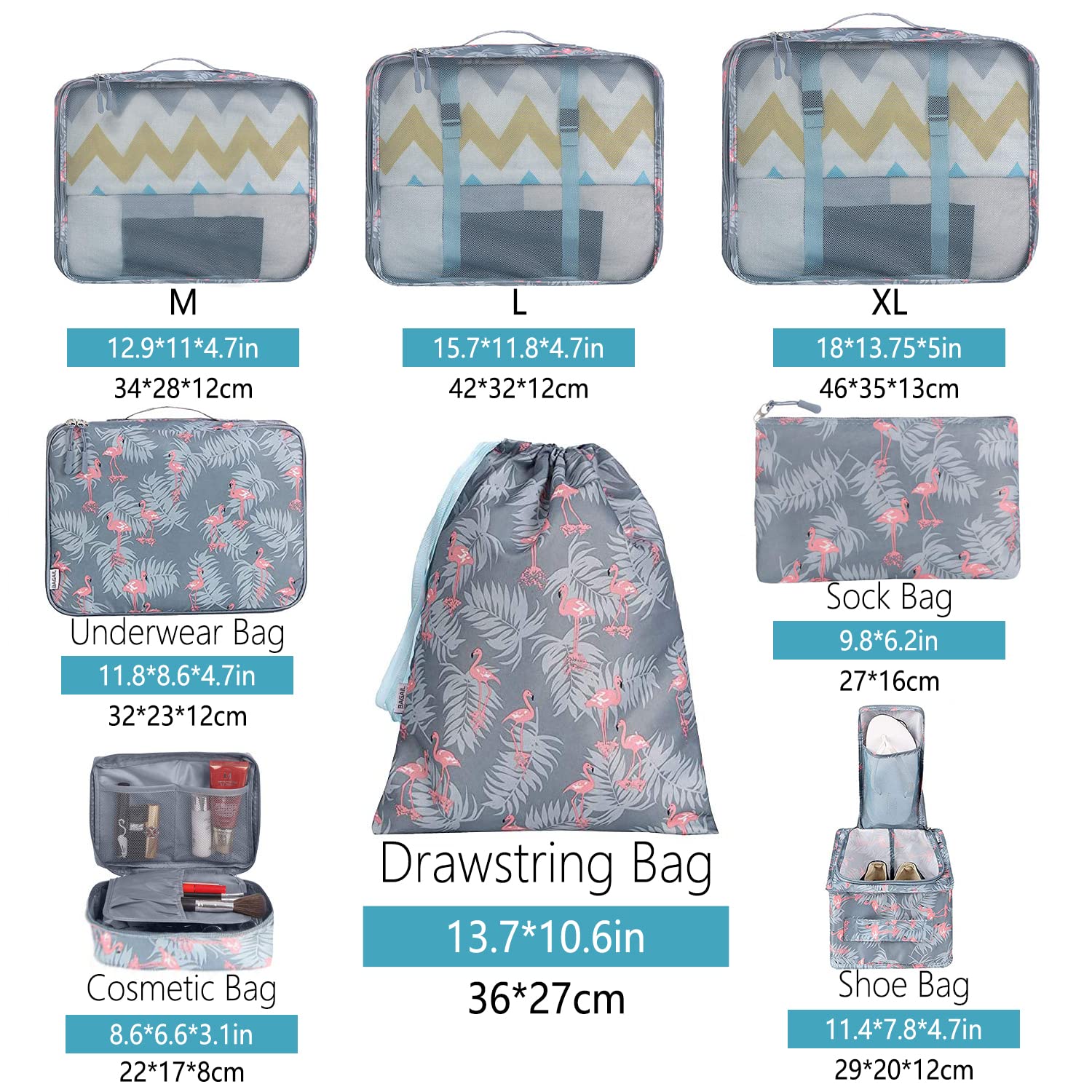 BAGAIL 8 Set Packing Cubes - Travel Luggage Organizers with Compression Zippers (Red Flamingo) - Perfect for Suitcase Organization & Business Trips