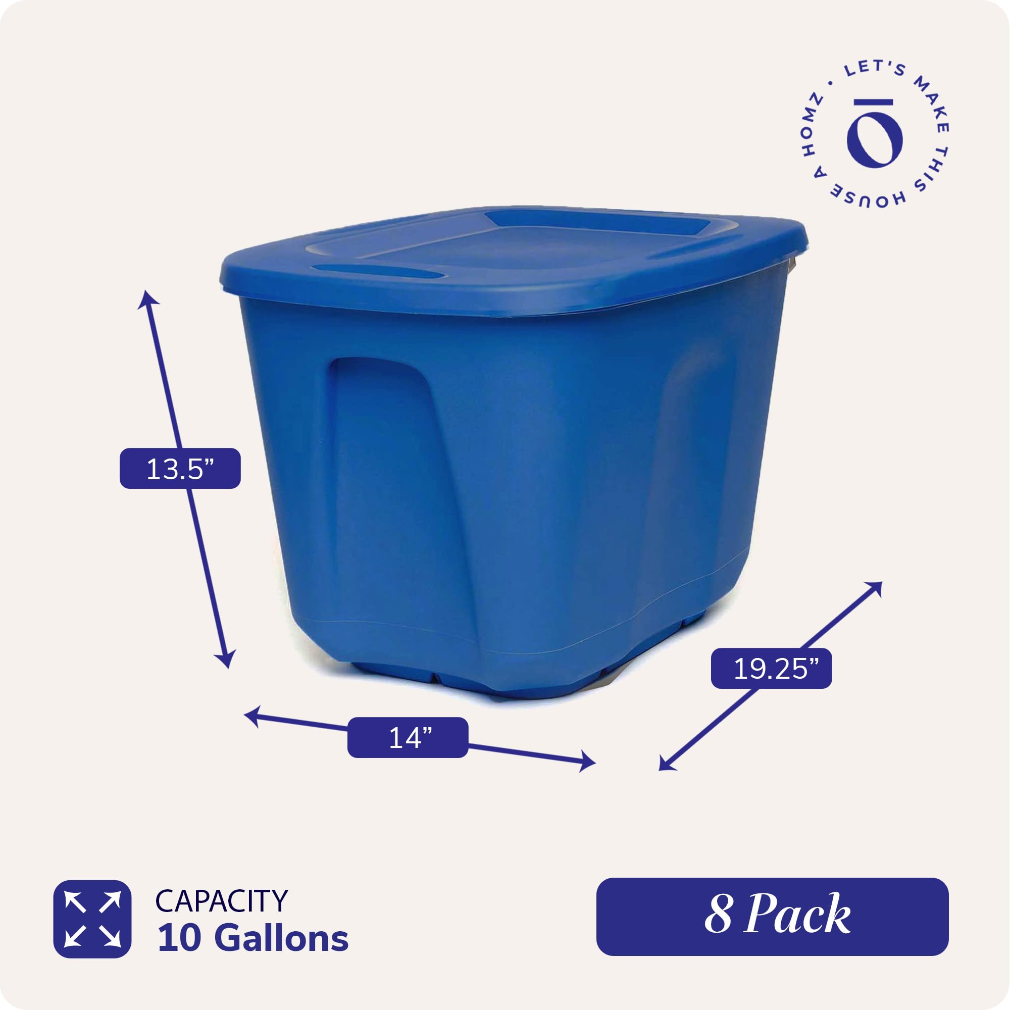 HOMZ 8-Pack Heavy Duty Plastic Storage Bins - 10 Gallon Organizing Containers for Home, Garage & Closet - Durable Stackable Blue Bins for Toys, Clothes & Household Items