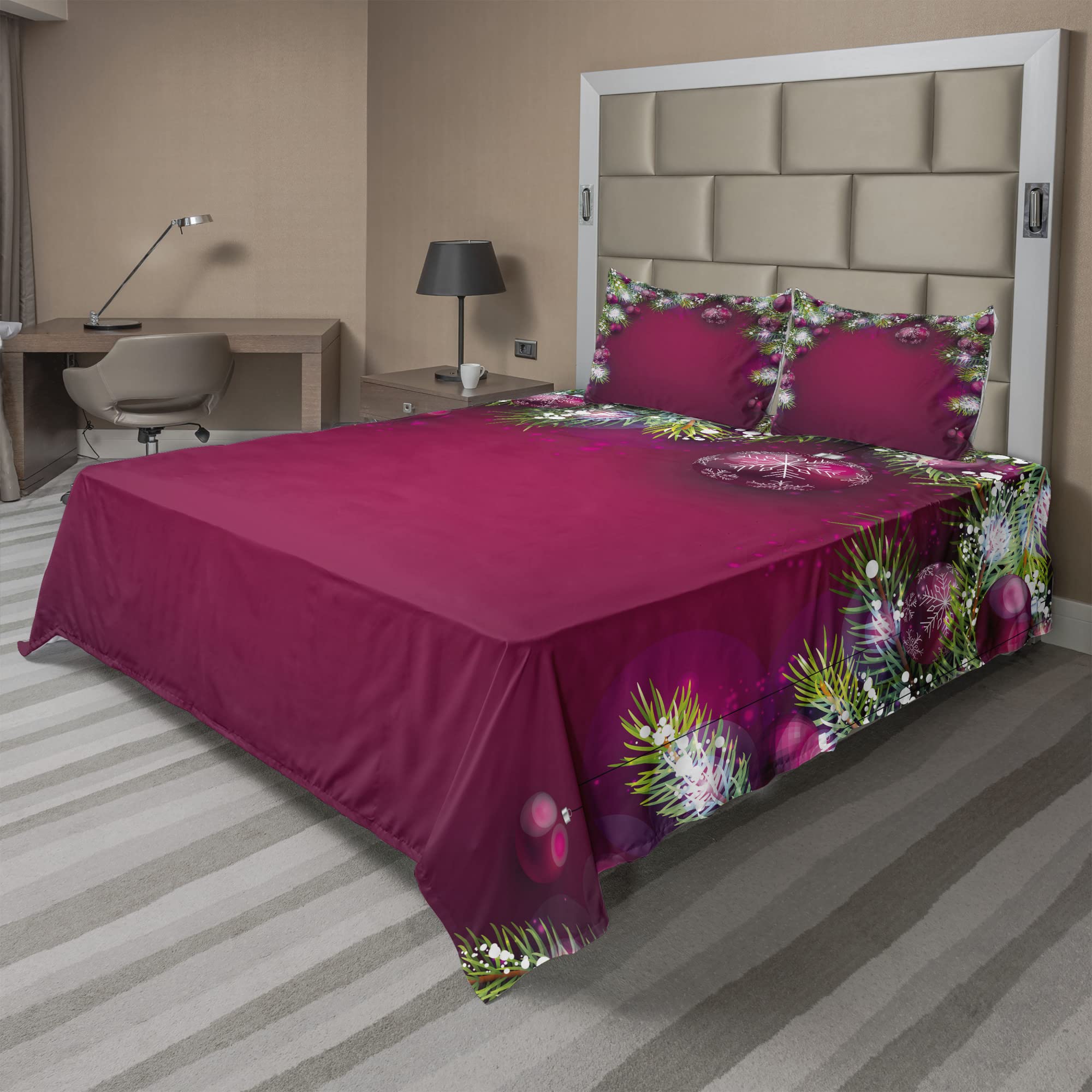 Ambesonne Christmas Sheet Set 4-Piece King Size - Traditional Fir Branches, Vivid Balls & Snowflakes Design in Magenta, Green & White | Fitted Sheet, Flat Sheet & 2 Pillowcases | Perfect for Holiday Bedroom Decor & Festive Gift Giving