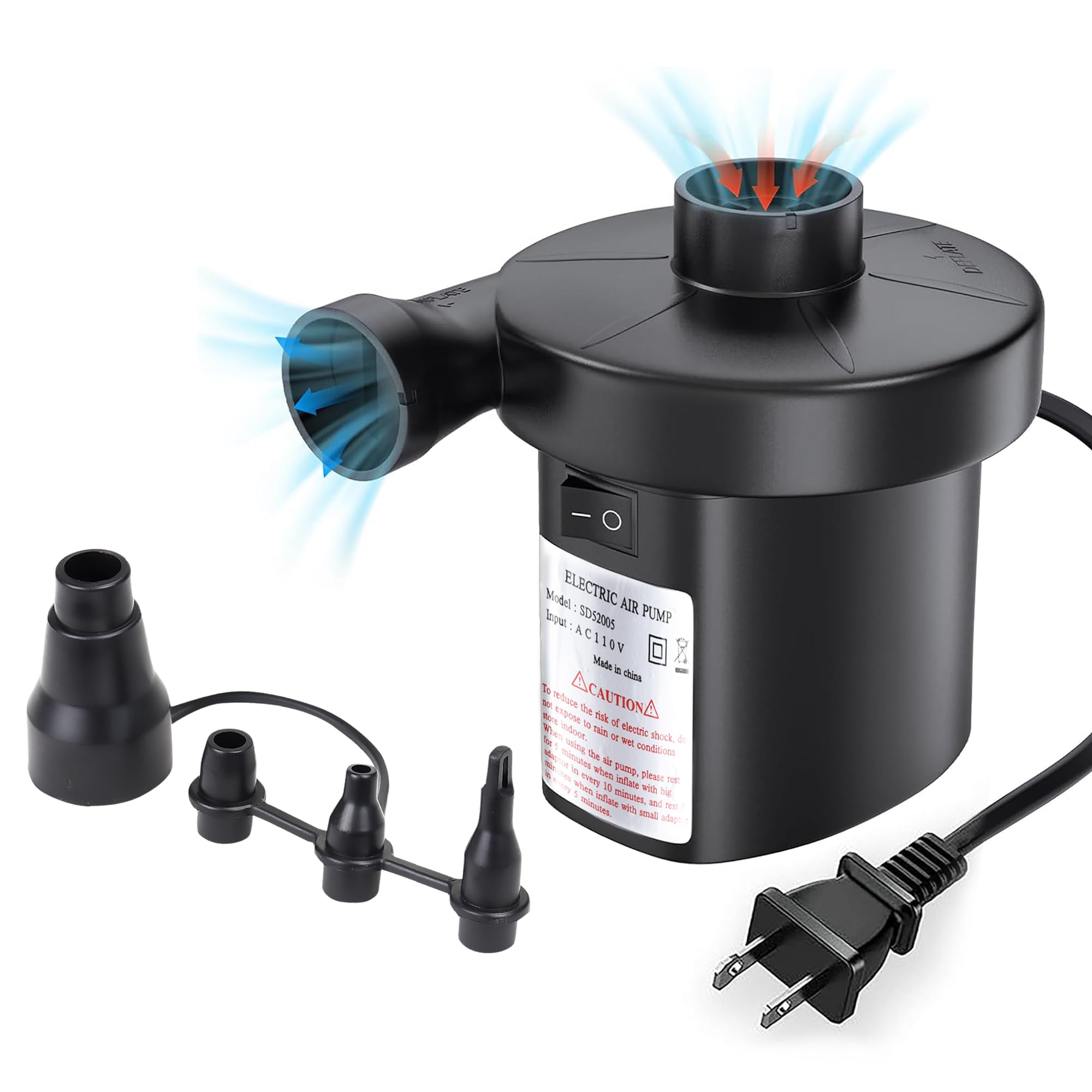 Portable Electric Air Pump - Fast Inflator & Deflator for Air Mattress, Pool Floats, Inflatables, Toys - 4 Nozzle Attachments - 110V/130W AC Power - Ideal for Camping, Travel, Home Use, Beach & Water Activities (Black)