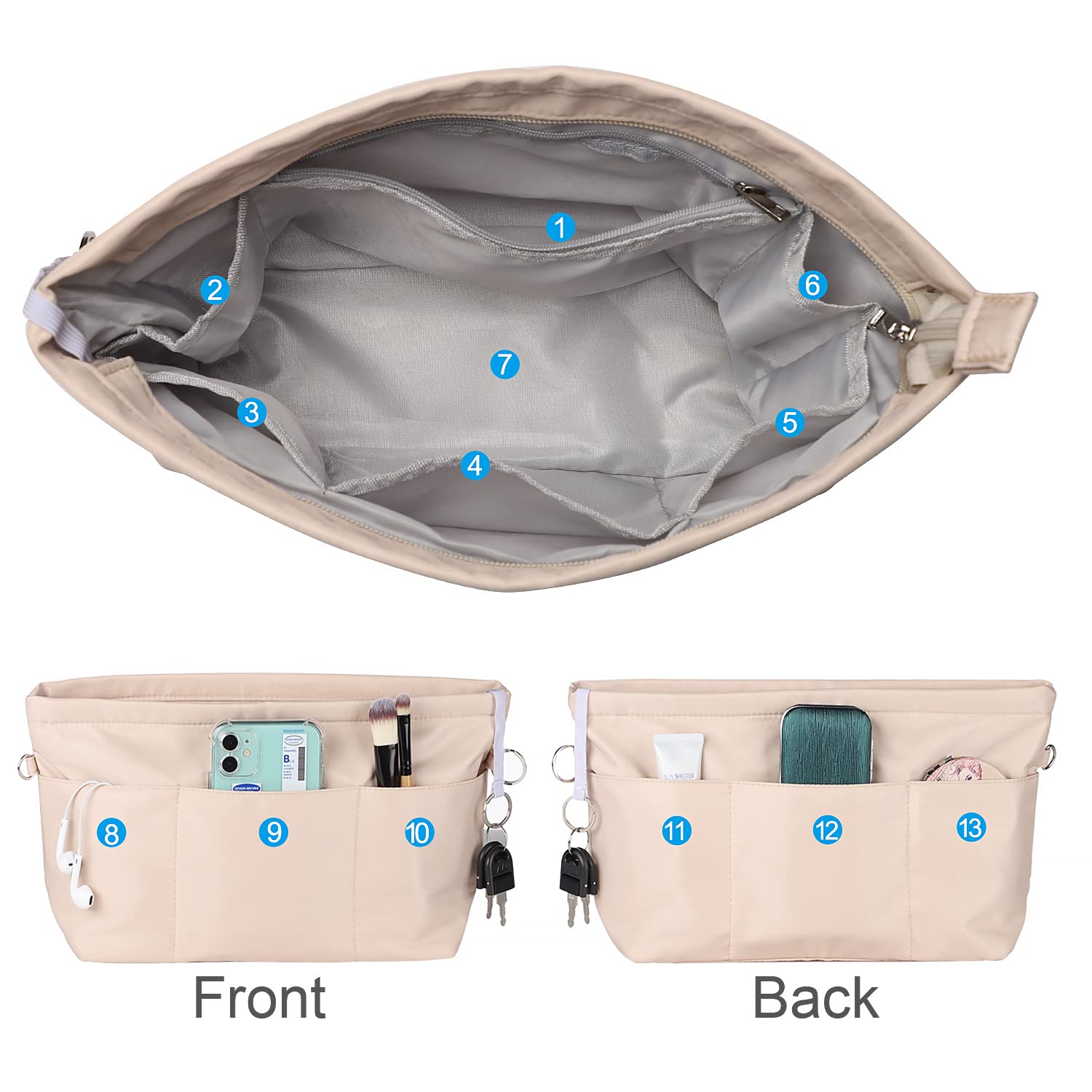 Sightor Nylon Handbag Organizer Insert - Large Beige Purse Organizer for Tote Bags | Perfect for Travel, Work & Everyday Use to Keep Essentials Neat & Accessible