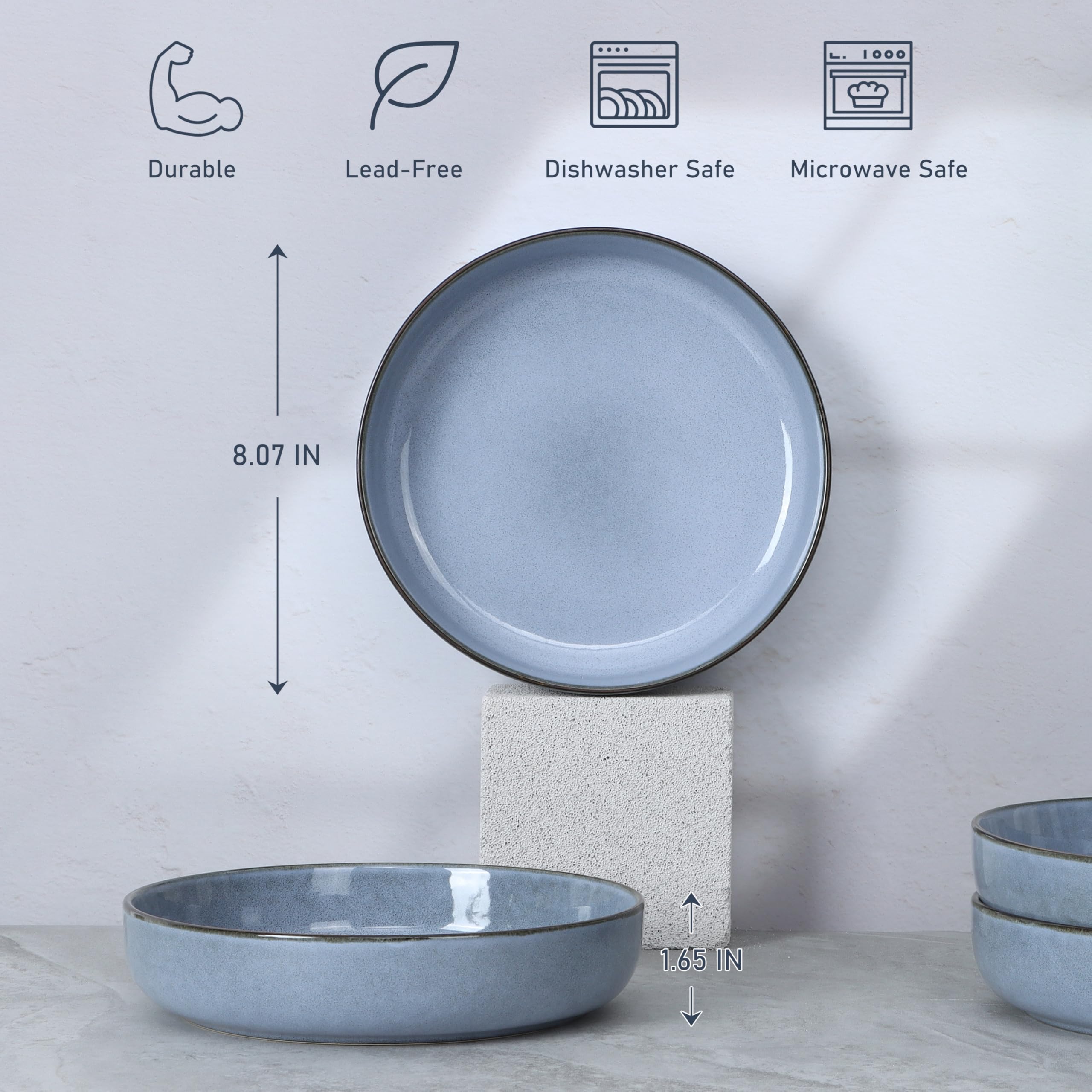 E-far Pasta Bowls Set of 4 - 35oz Large Ceramic Salad Serving Bowls, Wide Shallow Plates for Kitchen - Microwave & Dishwasher Safe, Double Reactive Glaze in Ocean Blue - Perfect for Pasta, Salad, Soup & Family Dining