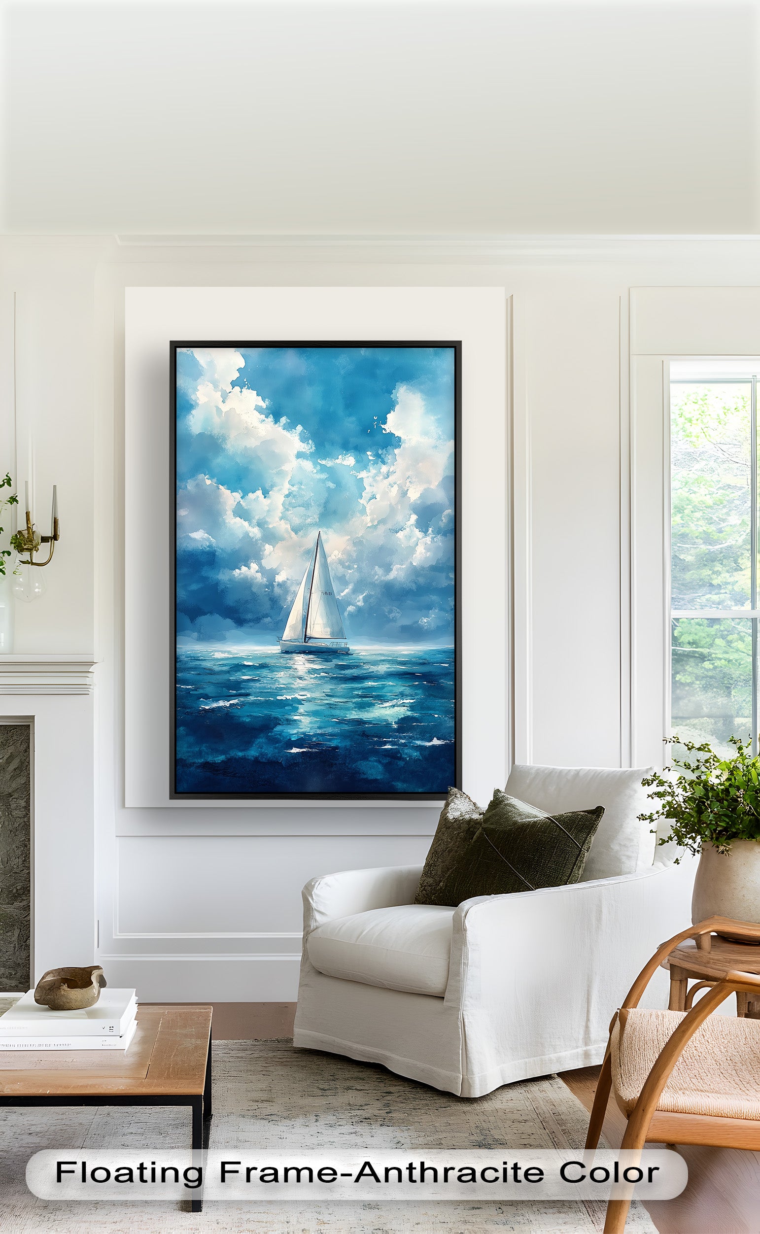 Blue Sky White Sailboat Oil Painting - Handmade Nautical Wall Art for Living Room, Bedroom & Office Decor