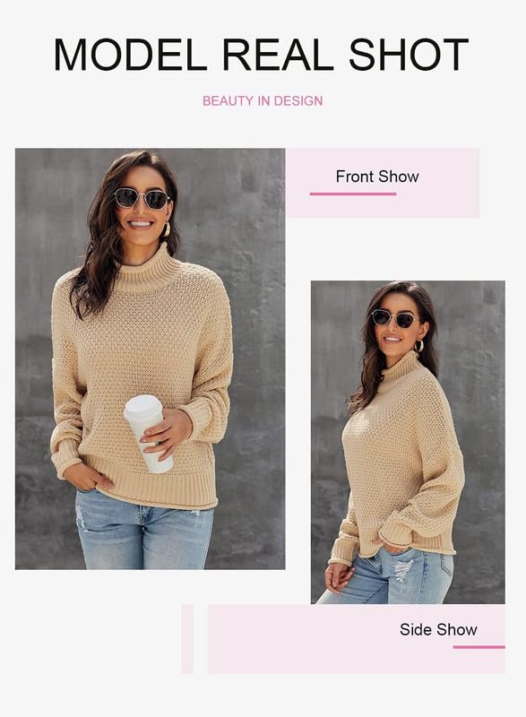 Dokotoo Women's 2024 Winter Fall Solid Color Turtleneck High Neck Balloon Sleeve Long Sleeve Sweater Pullover Top - Cozy Casual Wear for Office, Dating & Holiday Outfits