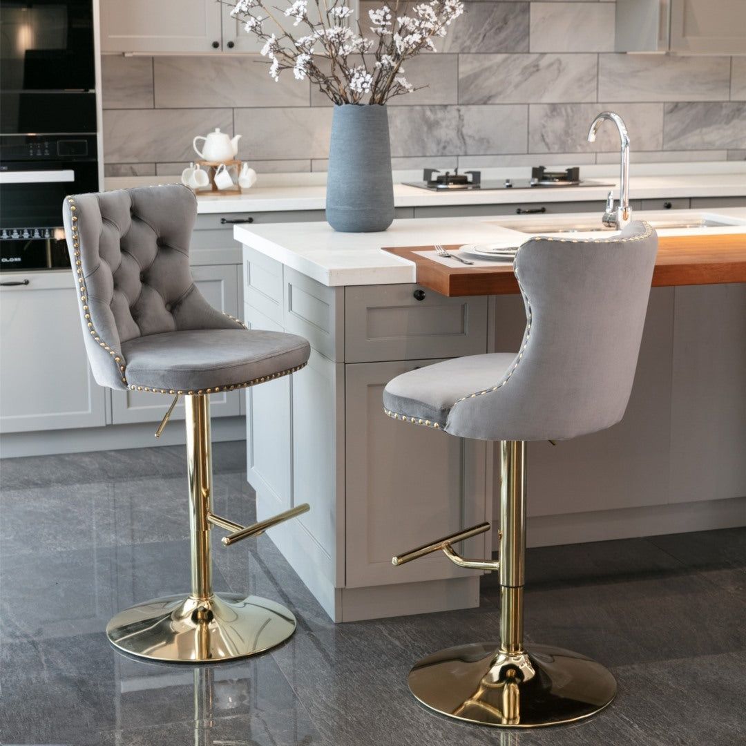 Adjustable Height Swivel Bar Stool with Footrest - Velvet Upholstery, Studded Design & Golden Base (Grey) - Perfect for Kitchen Islands, Home Bars & Dining Counter Stools