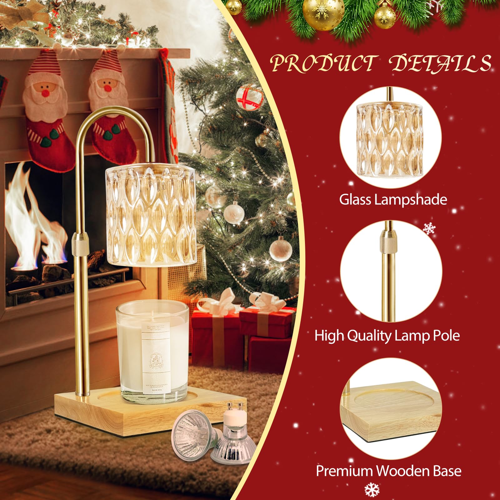 Adjustable Height Candle Warmer Lamp with Timer & Dimmable Function - Wooden Base Wax Melter for Jar Candles & Wax Melts - Includes 2 Bulbs - Perfect for Home Decor, Aromatherapy & Cozy Ambiance