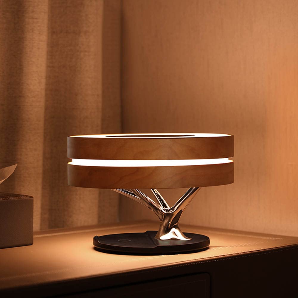 Modern LED Bedside Smart Table Lamp with Built-in TWS Bluetooth Speaker & Qi Wireless Charger - Stepless Dimming, Sleep Mode - Perfect for Bedroom, Office, and Nightstand Use (Circle of Light Design)