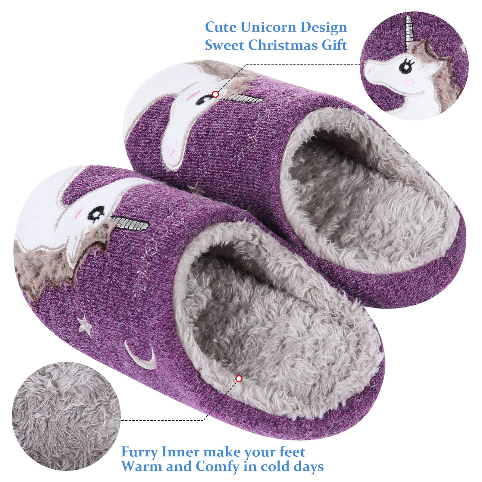 Shevalues Kids' Fur Lined Animal Slippers - Unicorn & Hedgehog Fuzzy House Shoes for Girls & Boys, Cozy Embroidered Indoor Slippers for Women - Perfect for Home, Lounge & Winter Comfort