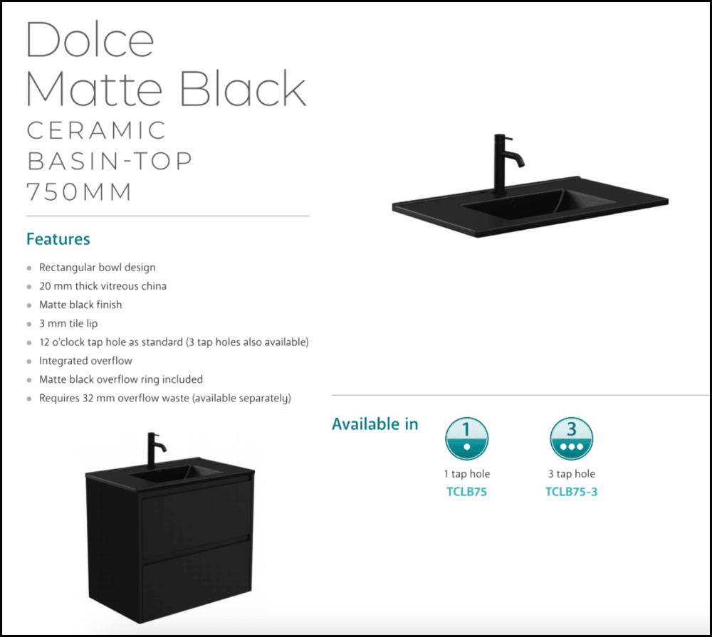 Fienza 750mm TCLB75Q Dolce Matte Black Wall-Mounted Bathroom Vanity with Sink - Modern White Finish for Small Spaces, Powder Rooms & Guest Bathrooms