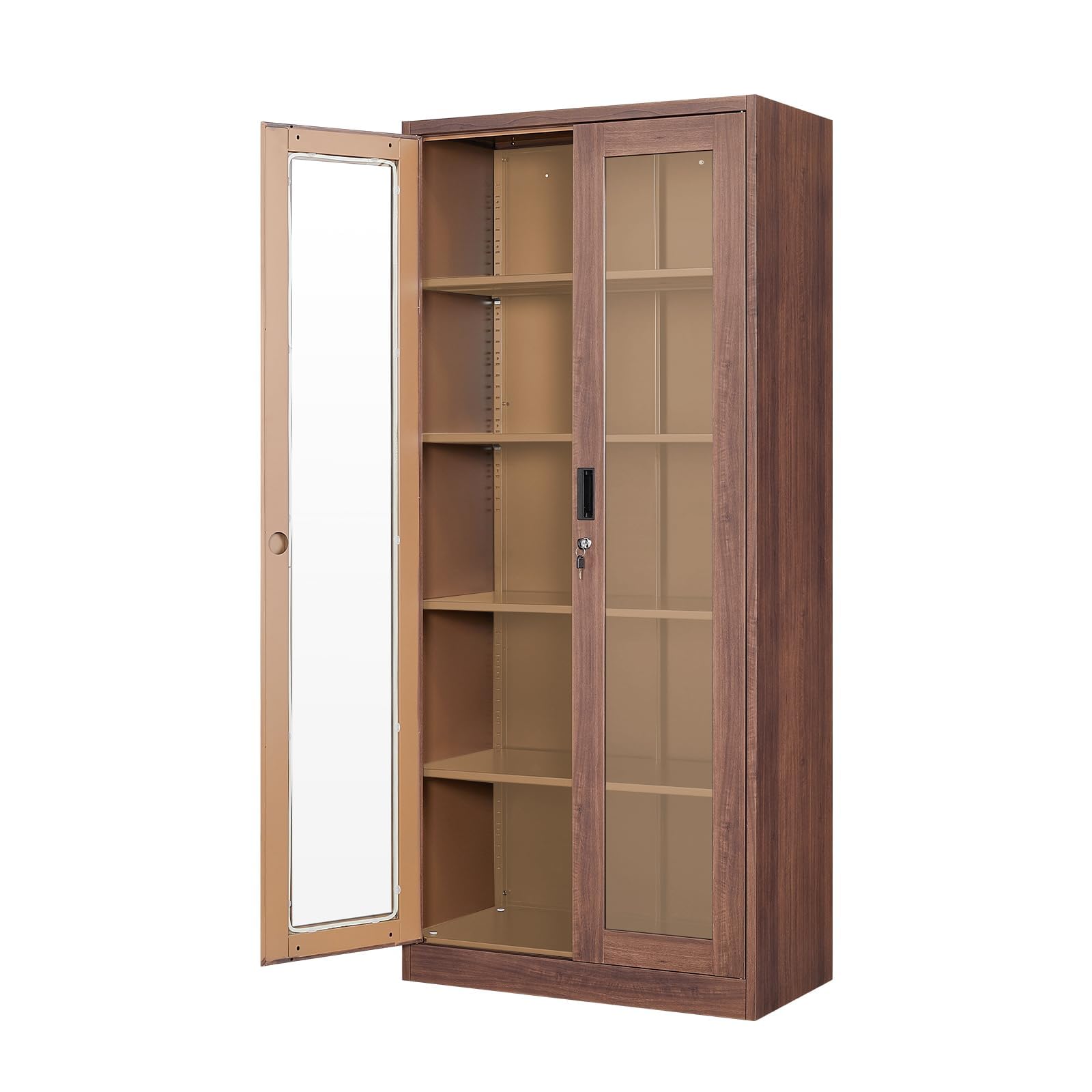 Glass Door Display Cabinet with 4 Adjustable Shelves - Wooden Curio Cabinet with Locking Doors for Home, Office, Clinic or Pantry Storage - Perfect for Showcasing Collectibles, China, Books & Decor (Assembly Required)