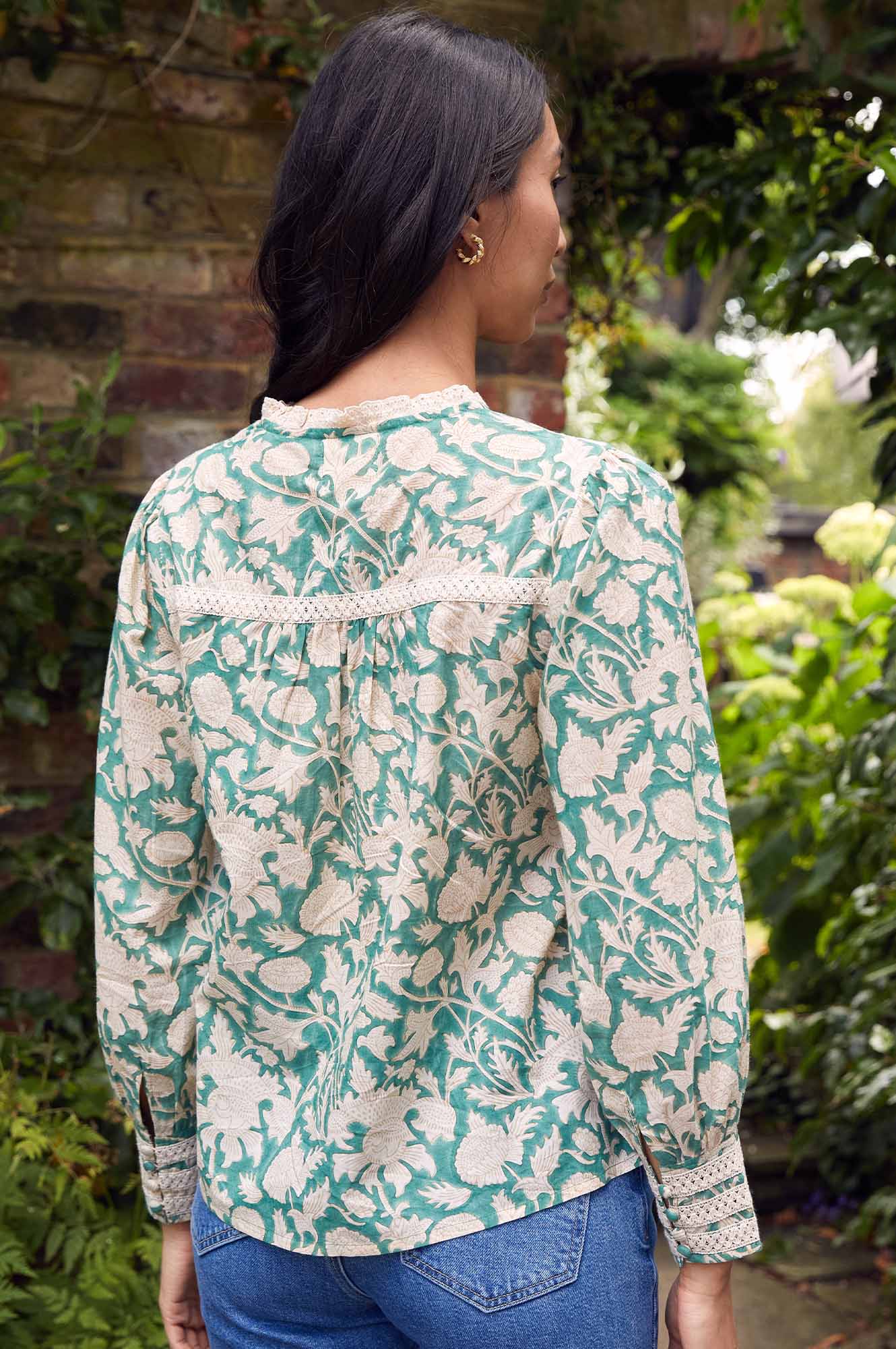 Margot Block Print Blouse - Floral Embroidered Women's Top in Tea Rose Green & Taupe | Boho Chic Shirt for Casual Wear, Office Outfits & Summer Vacation