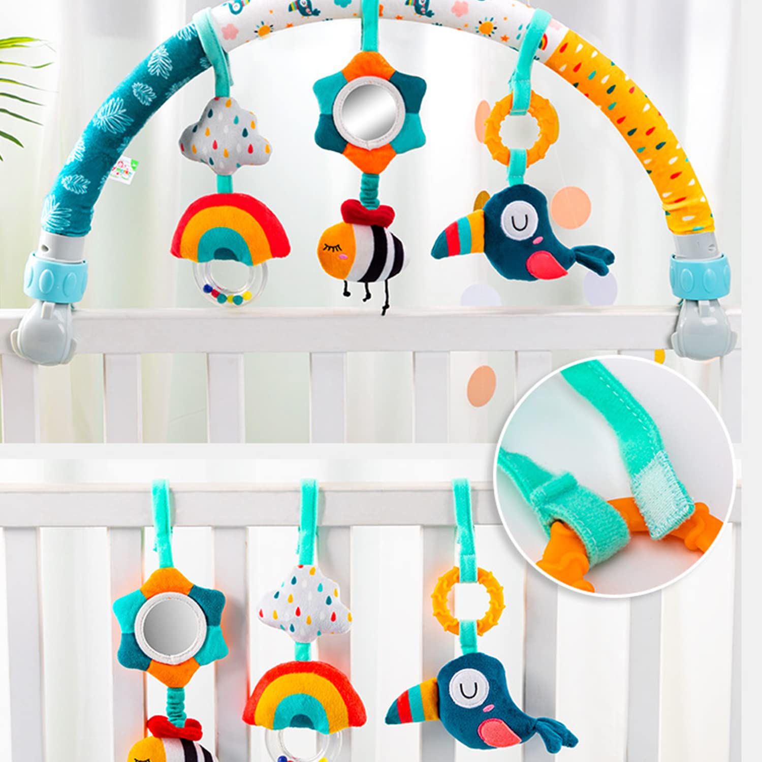 Caterbee Baby Bouncer Toy Bar - Stroller & Crib Activity Arch with Dangling Toys for Infants & Toddlers (Sky Blue) | Perfect for Strollers, Bassinets, and Travel Entertainment