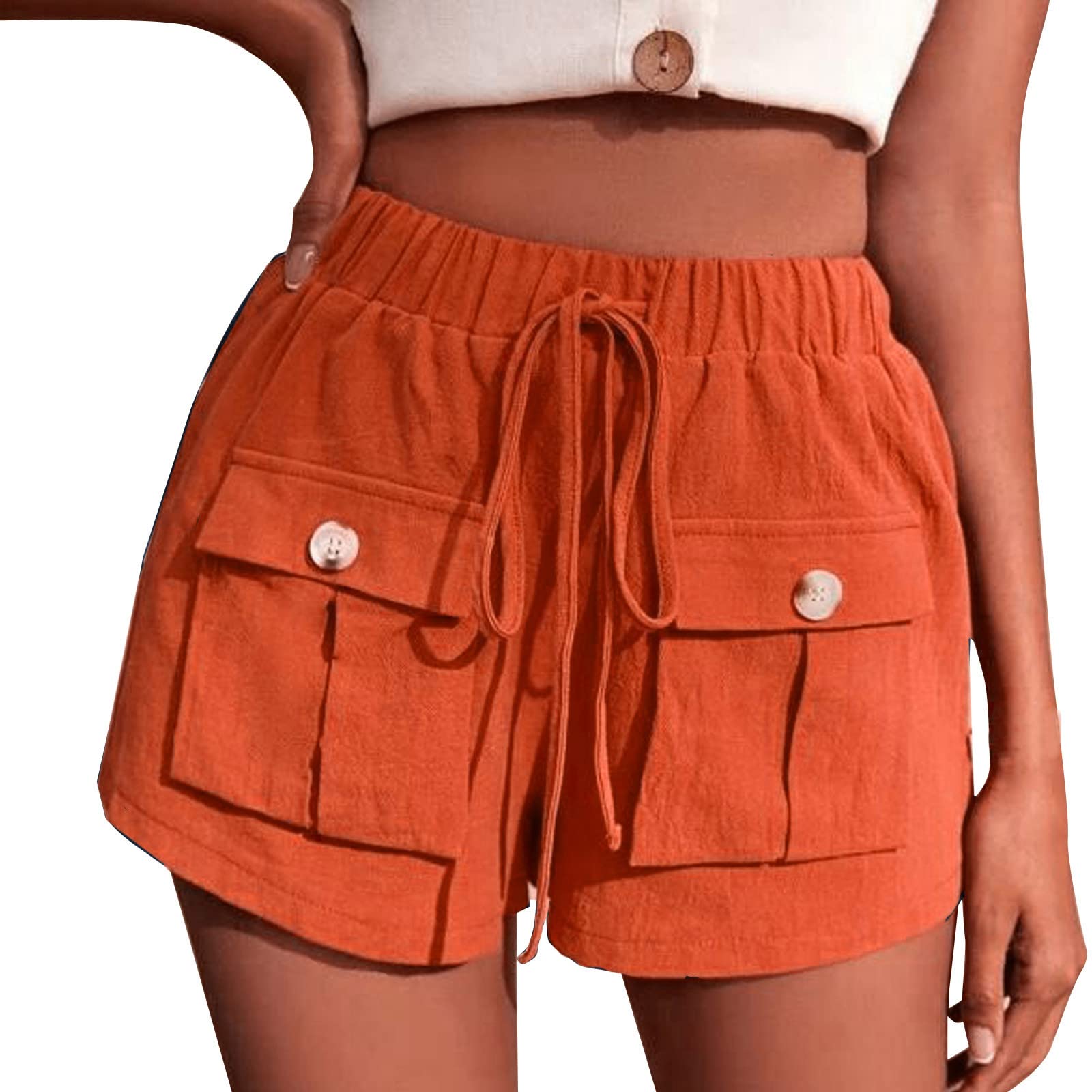 Women's Linen Shorts - Elastic Waist with Drawstring & Pockets - Breathable Summer Casual Shorts for Beach, Running, and Outdoor Activities