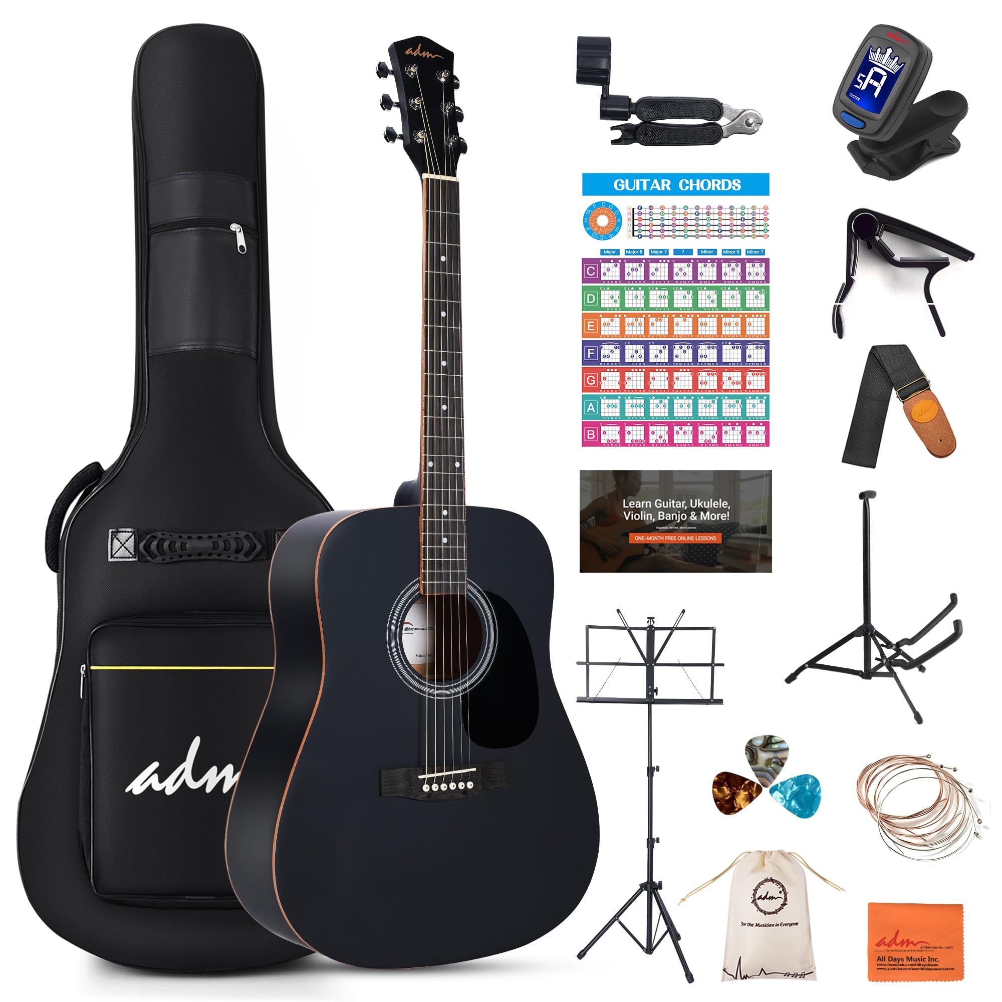 **ADM Dreadnought Acoustic Guitar Kit for Beginners – Full Size 41-Inch Right-Handed Guitar with Bag, Strap, Tuner, Capo & Music Stand – Perfect for Adults & Teens Learning to Play (Black)**    *Ideal for home practice, music lessons, campfire jams, and stage performances.*
