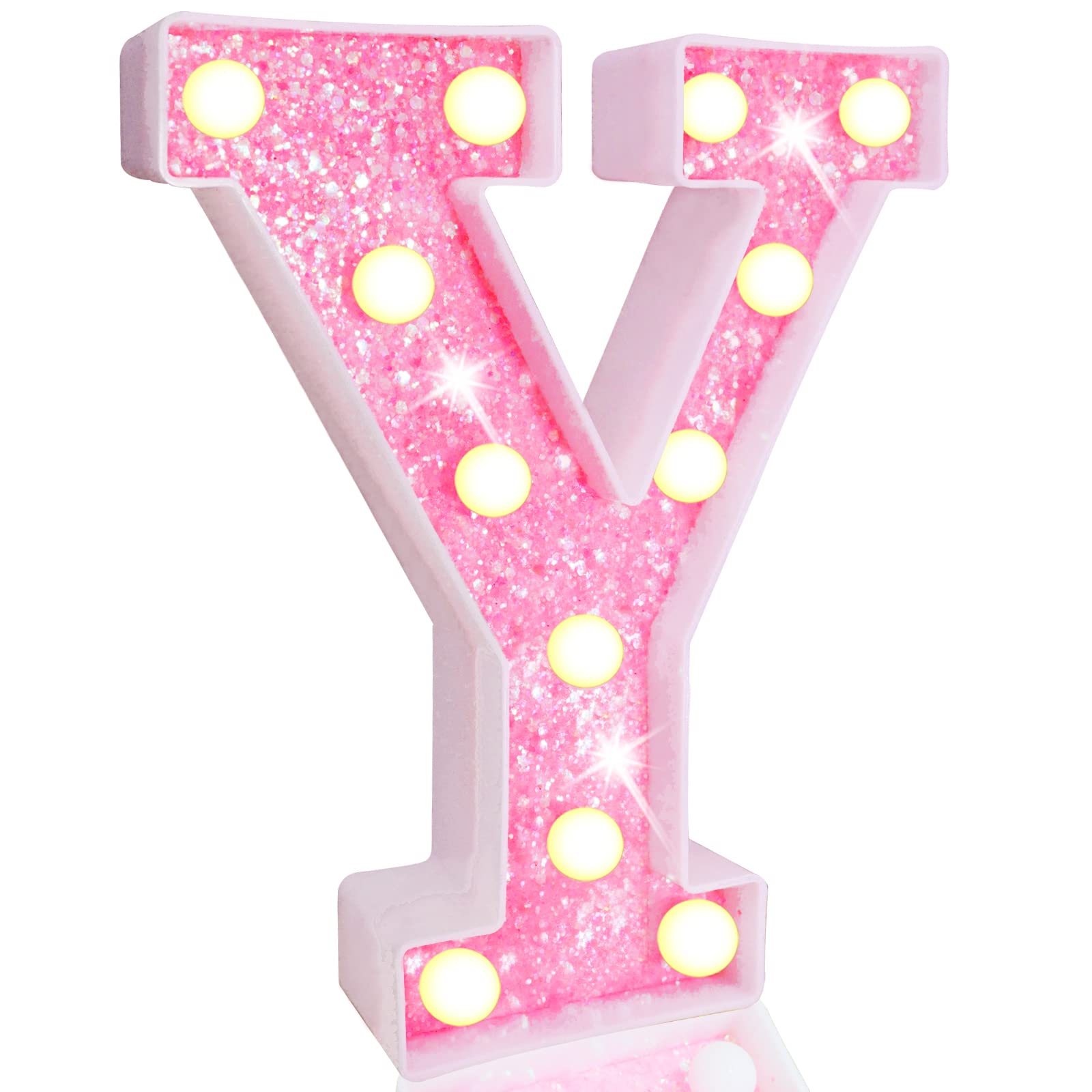 Pooqla LED Marquee Letter Lights - Pink Glitter Alphabet Sign with Battery Power for Night Light, Birthday Party, Wedding, Girls Gifts, Home Bar & Christmas Decoration - Perfect for Bedroom, Nursery, Photo Booth & DIY Home Decor - Letter Y