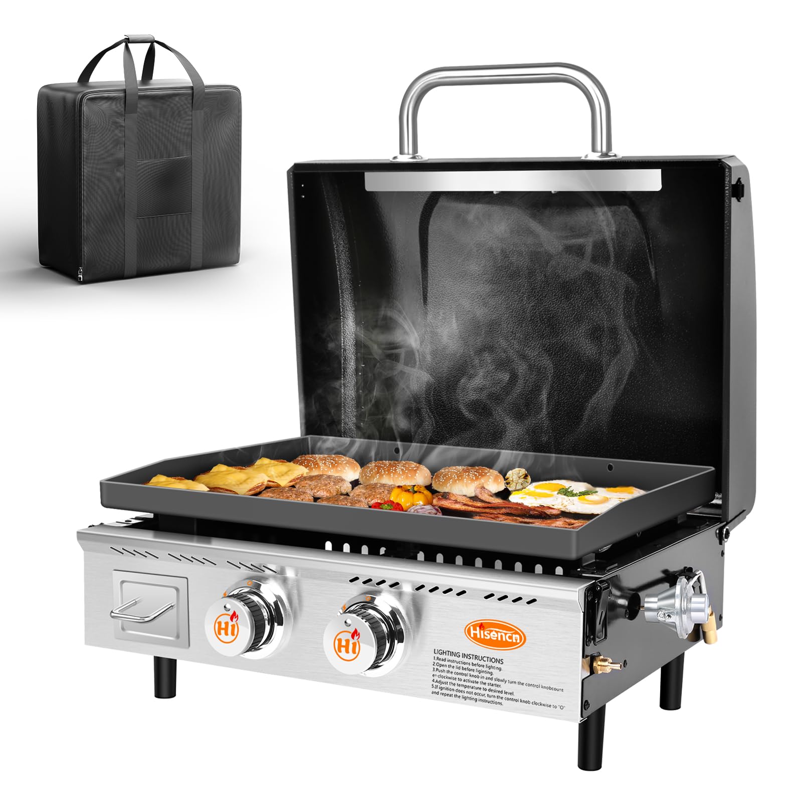 Hisencn 22 Inch Nonstick Camping Griddle - 369 sq. in. Cooking Surface, 24000 BTUs, Portable Outdoor Griddle for Gas Grill with Hood & Carry Bag - Perfect for Tailgating, RV, Camping, Picnics & Backyard BBQs