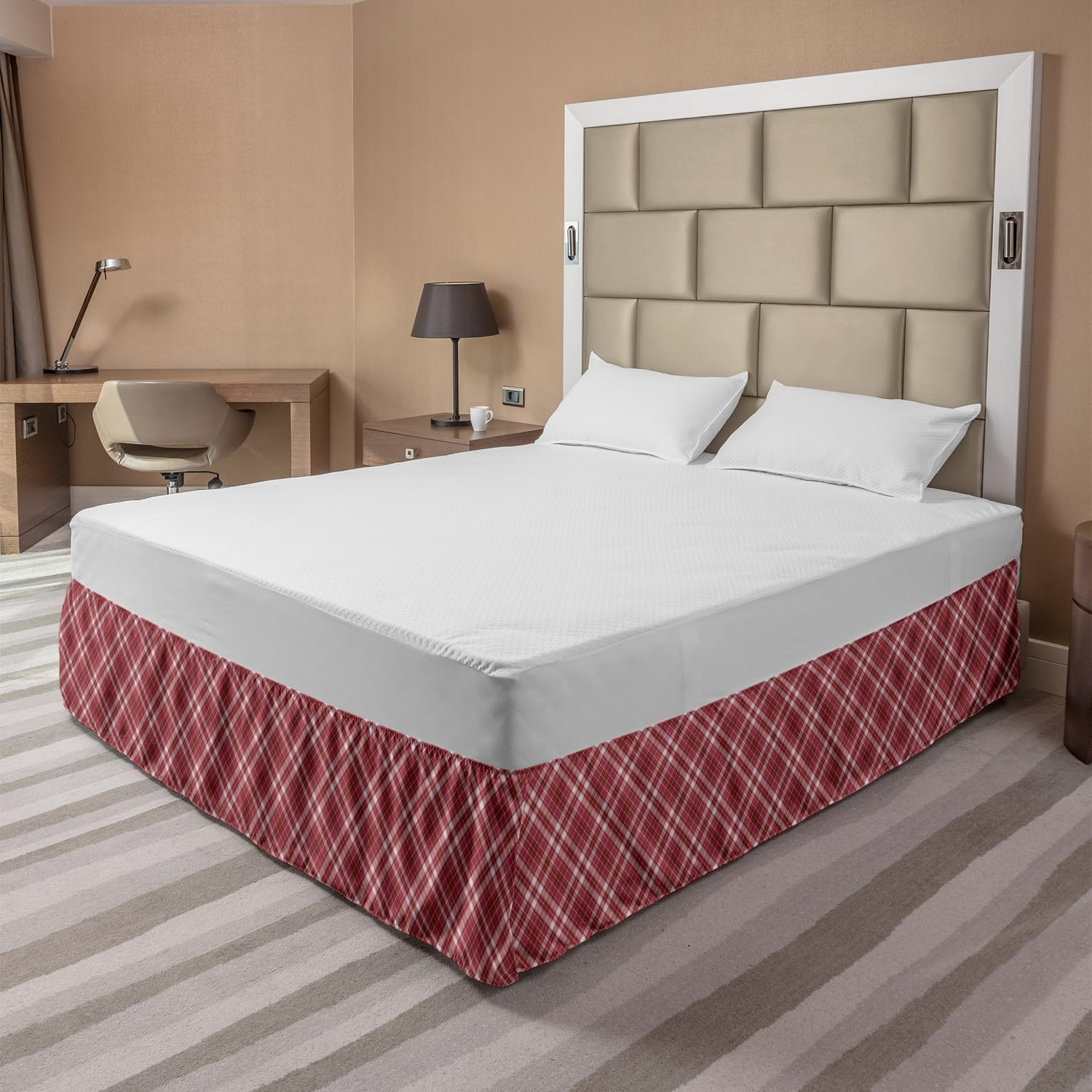 Ambesonne Checkered Bed Skirt - Diagonal Striped & Rhombus Rose Pattern, Elastic Wrap Around Gathered Design for King Size Beds | Perfect for Bedroom Decor & Guest Room Styling (Dried Rose White)