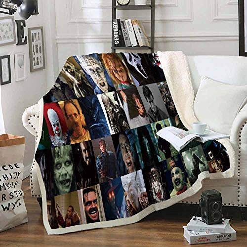 3D Printed Horror Movie Sherpa Blanket - Soft Velvet Plush Fleece Throw for Couch, Bed & Travel - Featuring Popular Movie Characters - Perfect for Movie Nights, Gifts & Cozy Home Decor