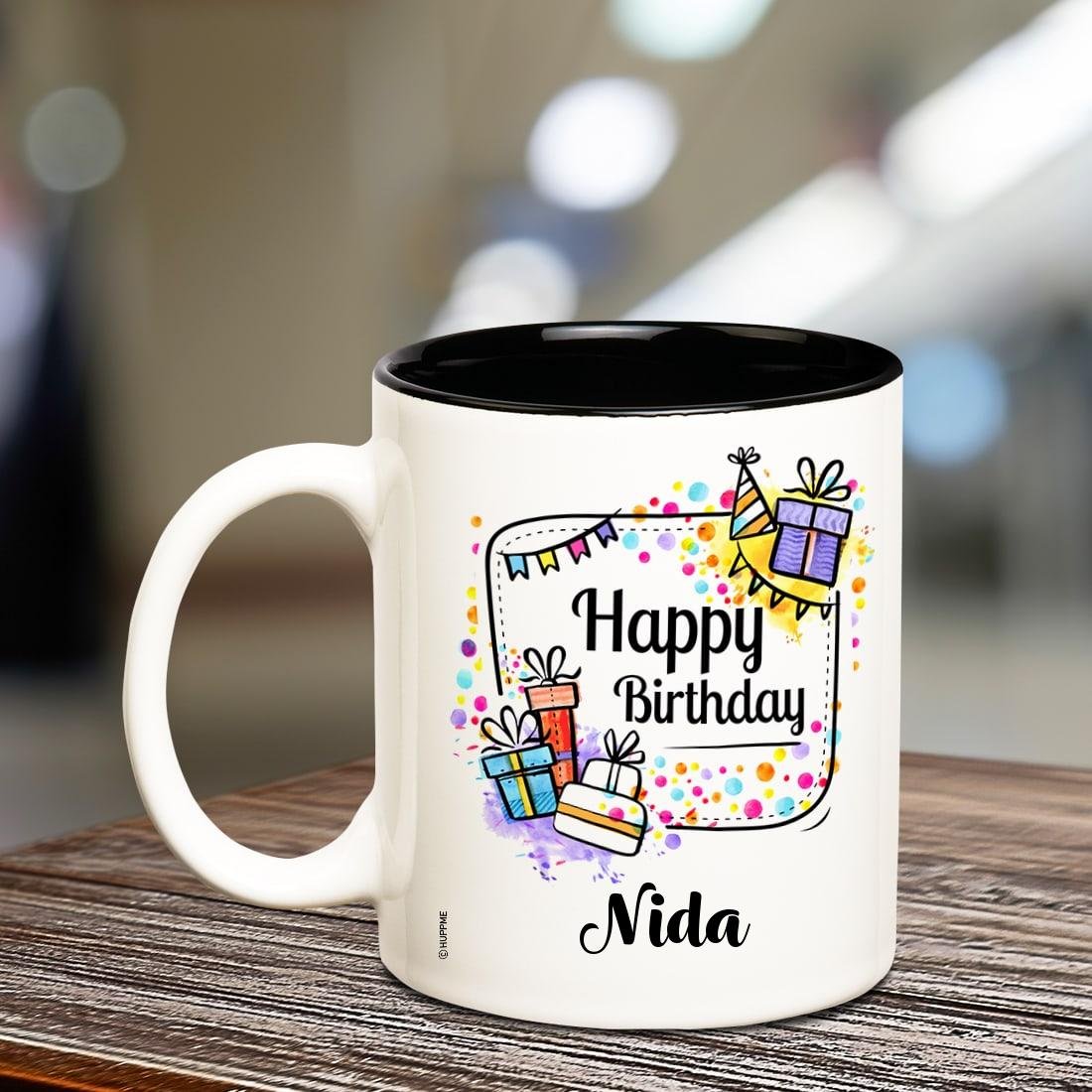 Personalized Huppme Happy Birthday Nida Coffee Mug with Inner Black Design - Perfect Gift for Birthday Celebrations, Office Use & Coffee Lovers