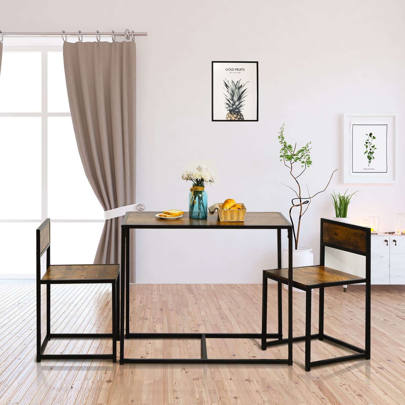 COSTWAY 3-Piece Kitchen Table Set with 2 Chairs | Space-Saving Metal Frame Dining Table for Small Spaces | Perfect for Kitchen, Living Room, Cafe & Bar | Antique Style Home Decor | Ideal for Breakfast Nooks & Apartment Dining