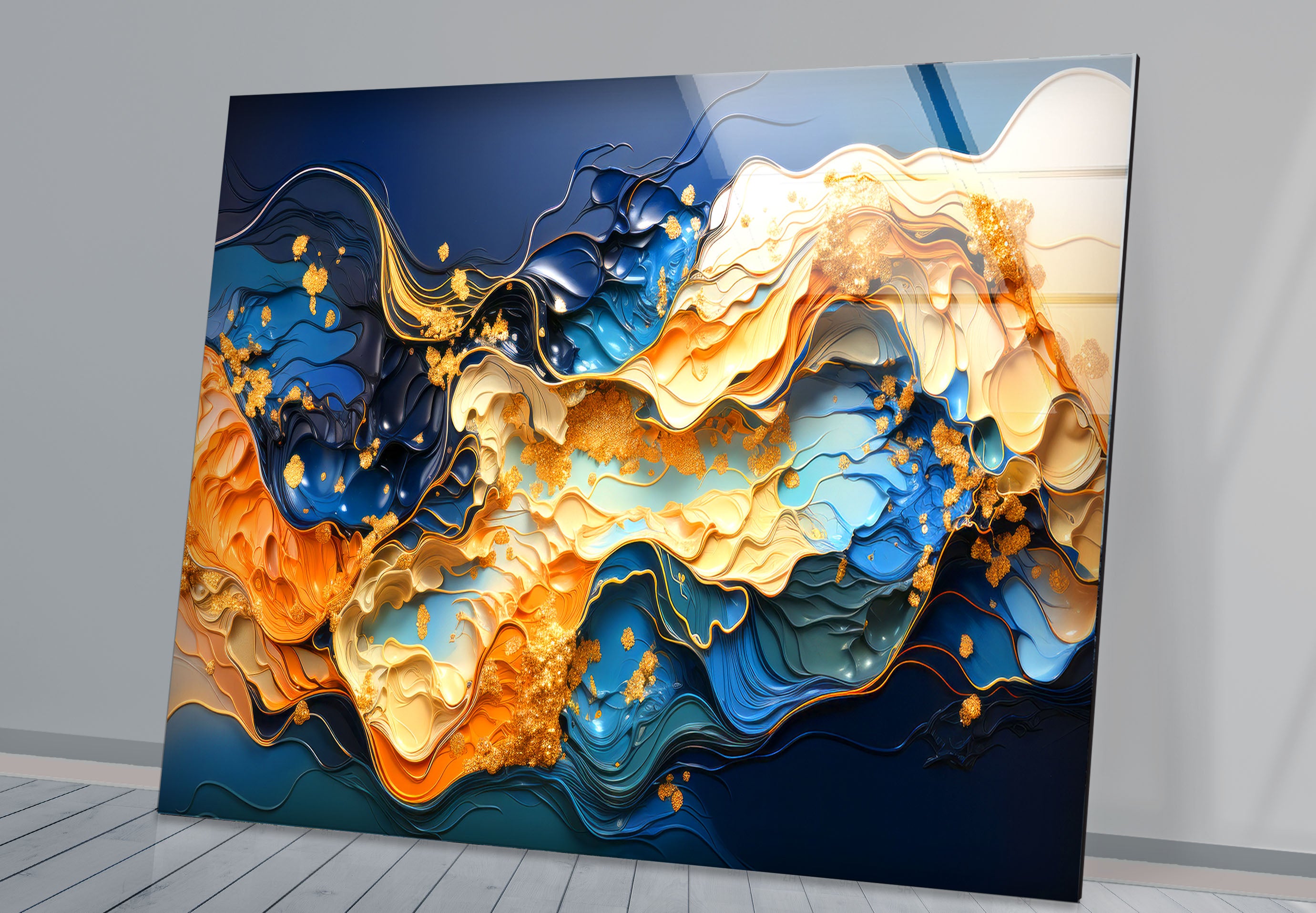 Blue Gold Abstract Wave Wall Art - Modern Fluid Glass Print for Home & Office Decor | Elegant Interior Design for Living Room, Bedroom & Office Spaces