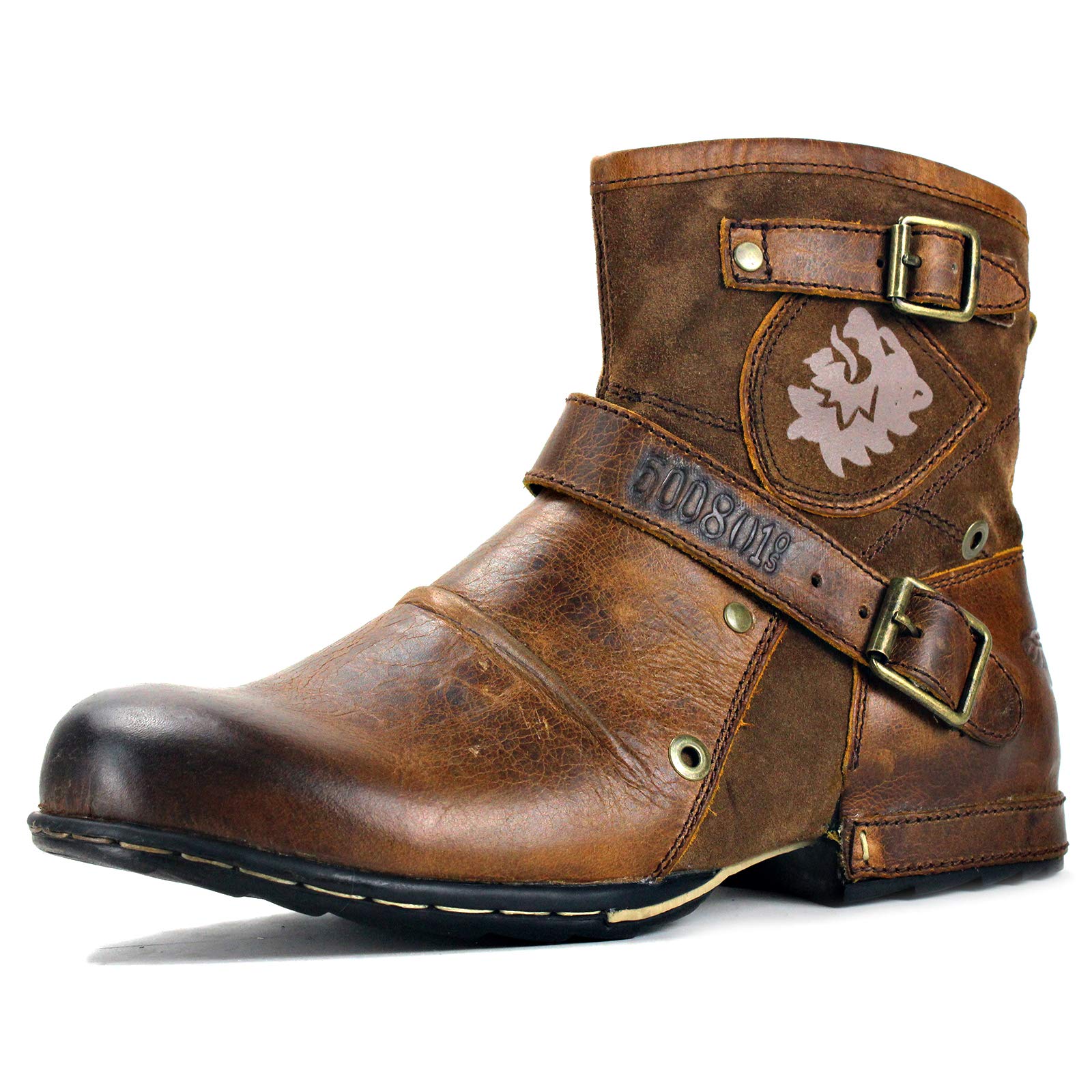 OSSTONE Men's Fashion Moto Boots - Zipper-Up Leather Chukka Boots Casual Shoes OS-5008-1 in Camouflage Green | Perfect for Motorcycle Riding, Outdoor Adventures & Street Style
