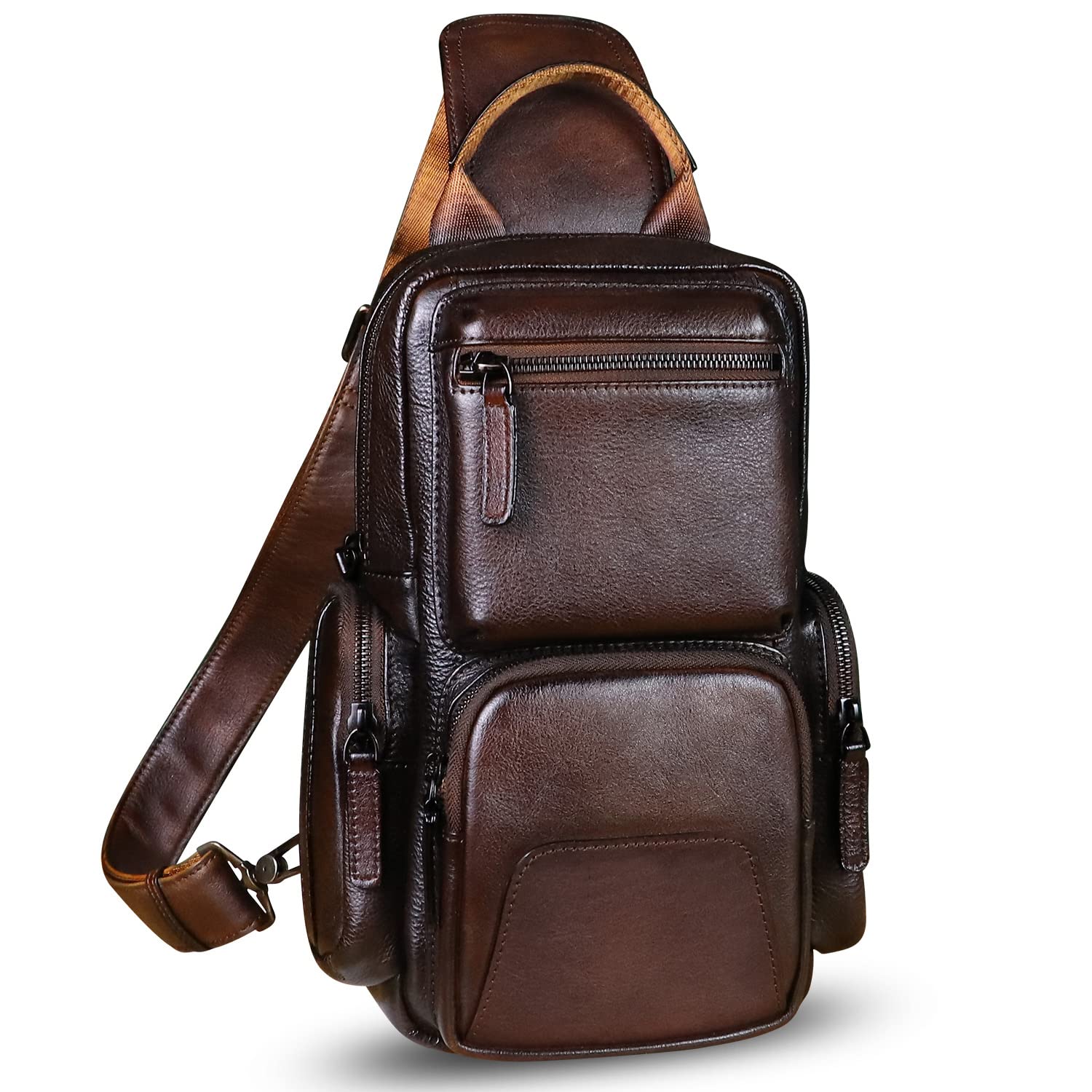 IVTG Genuine Leather Crossbody Sling Bag - Vintage Handmade Chest Shoulder Backpack for Hiking, Motorcycle & Casual Use (Coffee Brown)